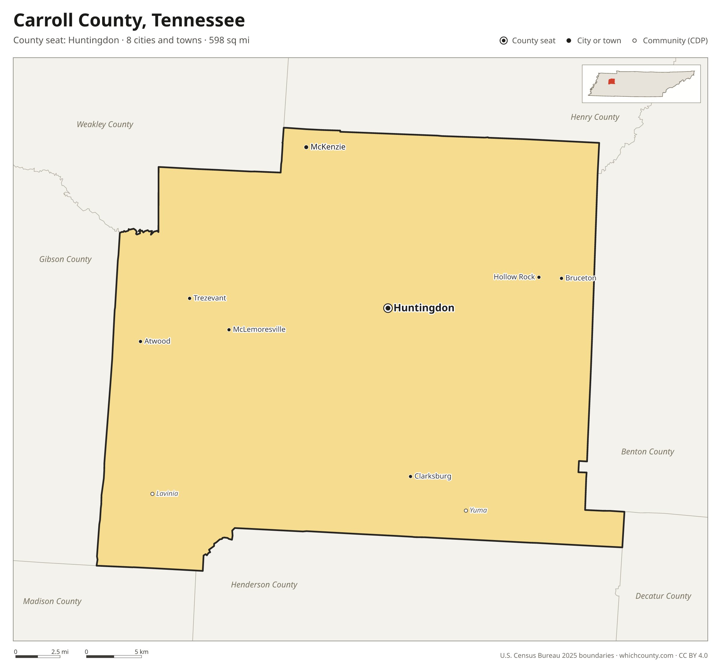 Map of Carroll County, Tennessee with cities, towns and the county boundary