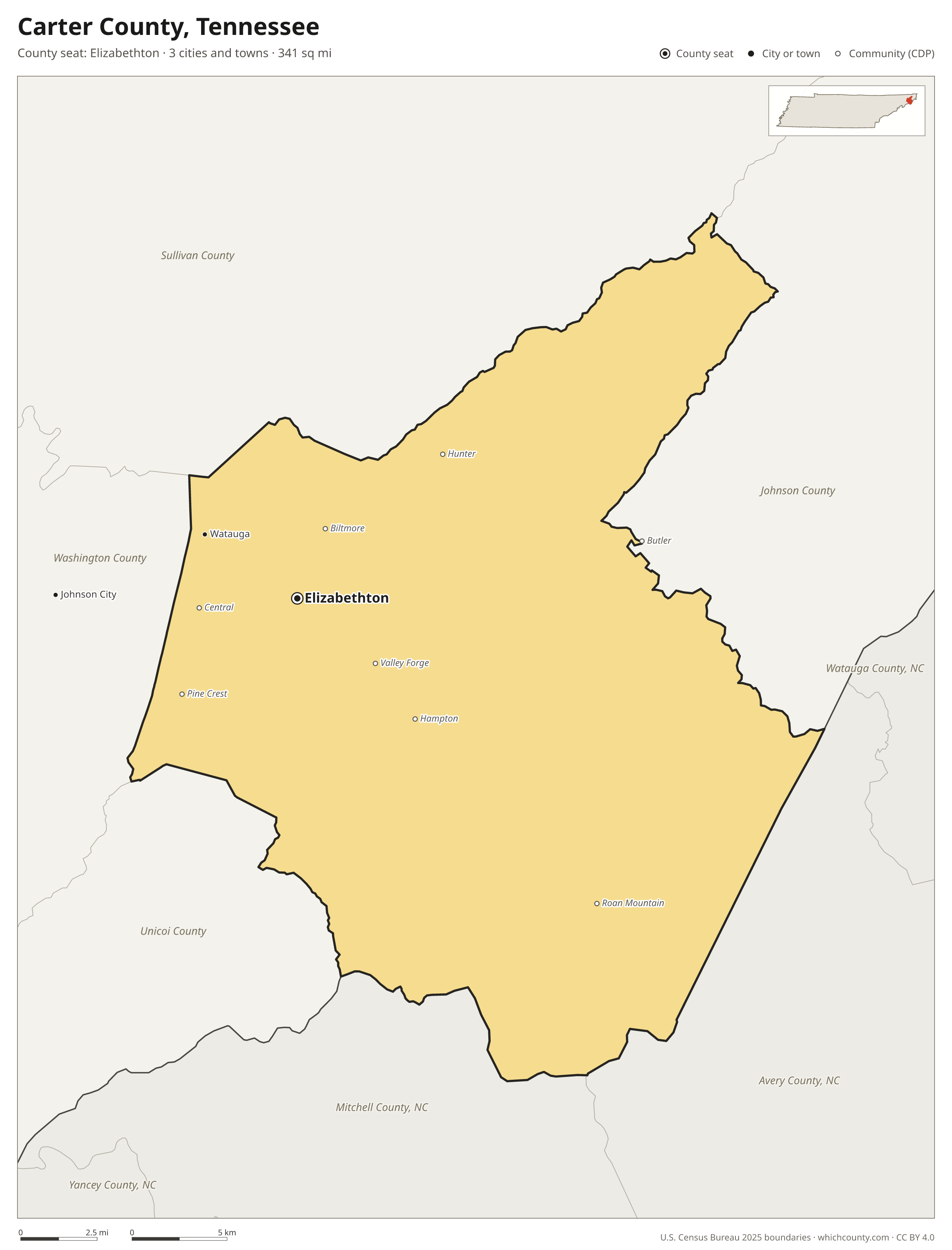 Map of Carter County, Tennessee with cities, towns and the county boundary