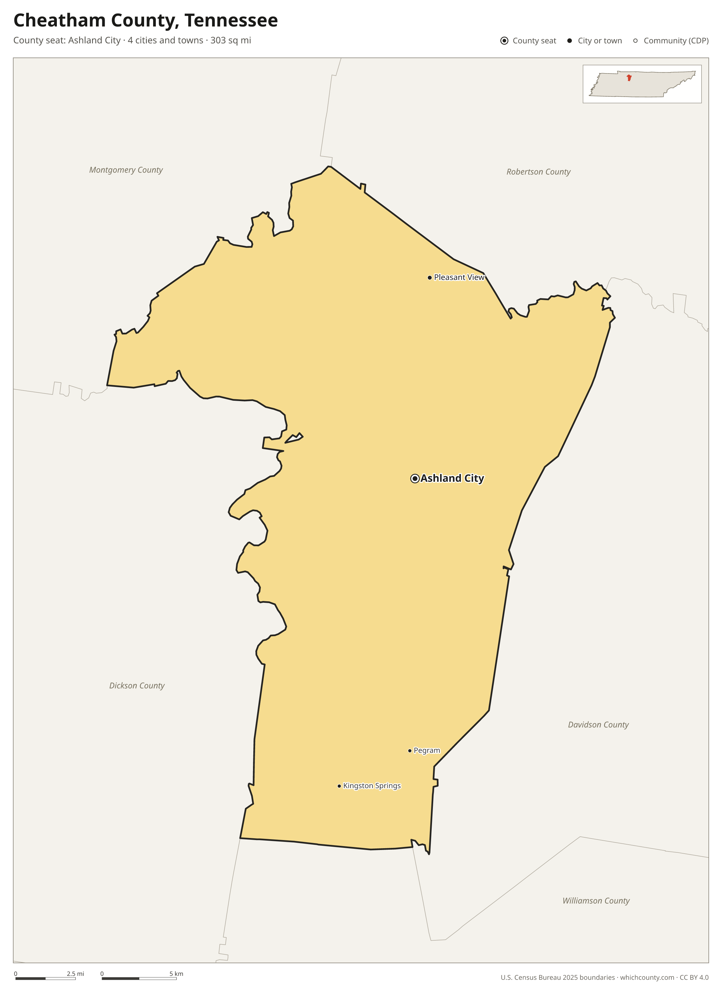 Map of Cheatham County, Tennessee with cities, towns and the county boundary