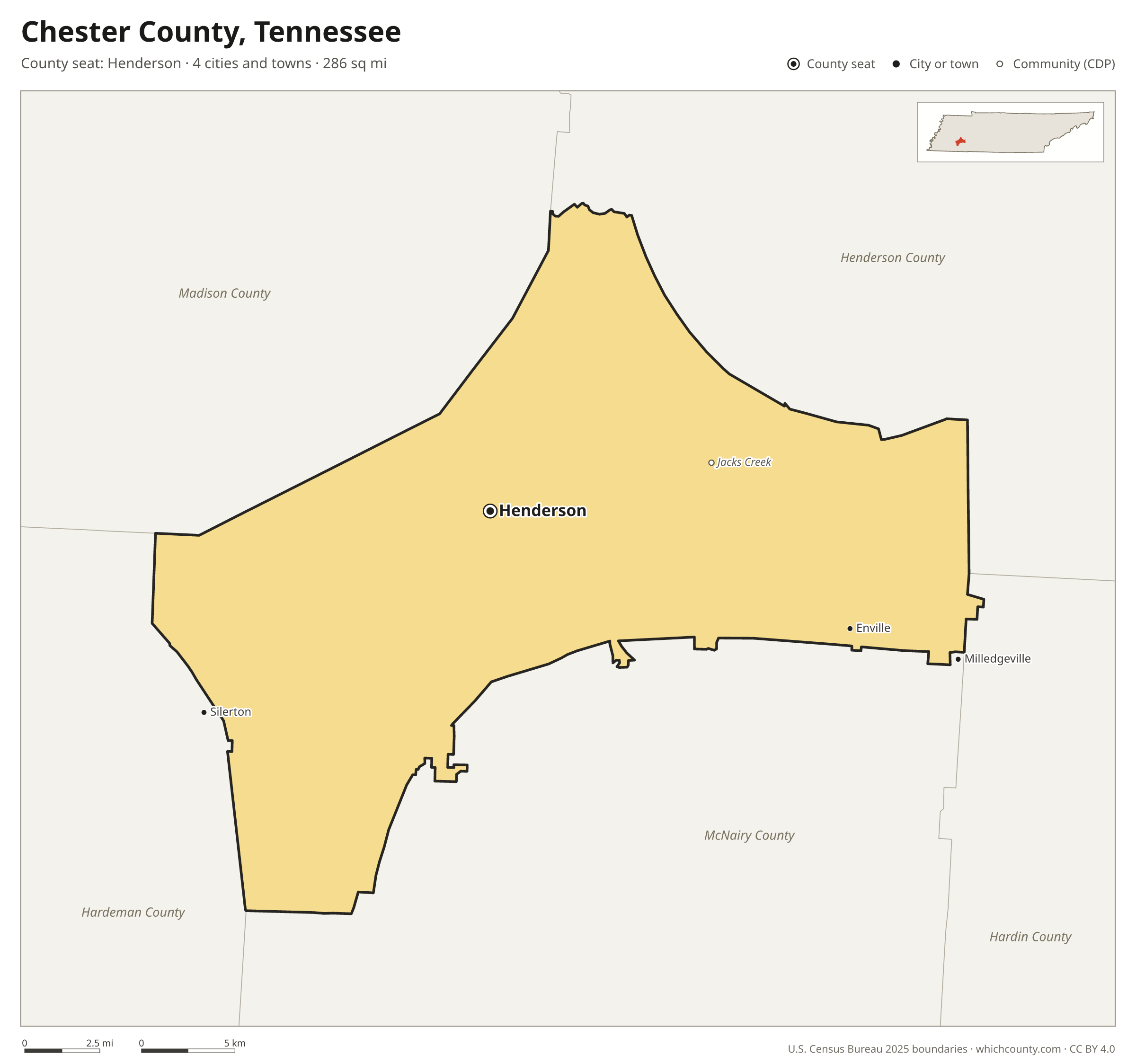 Map of Chester County, Tennessee with cities, towns and the county boundary