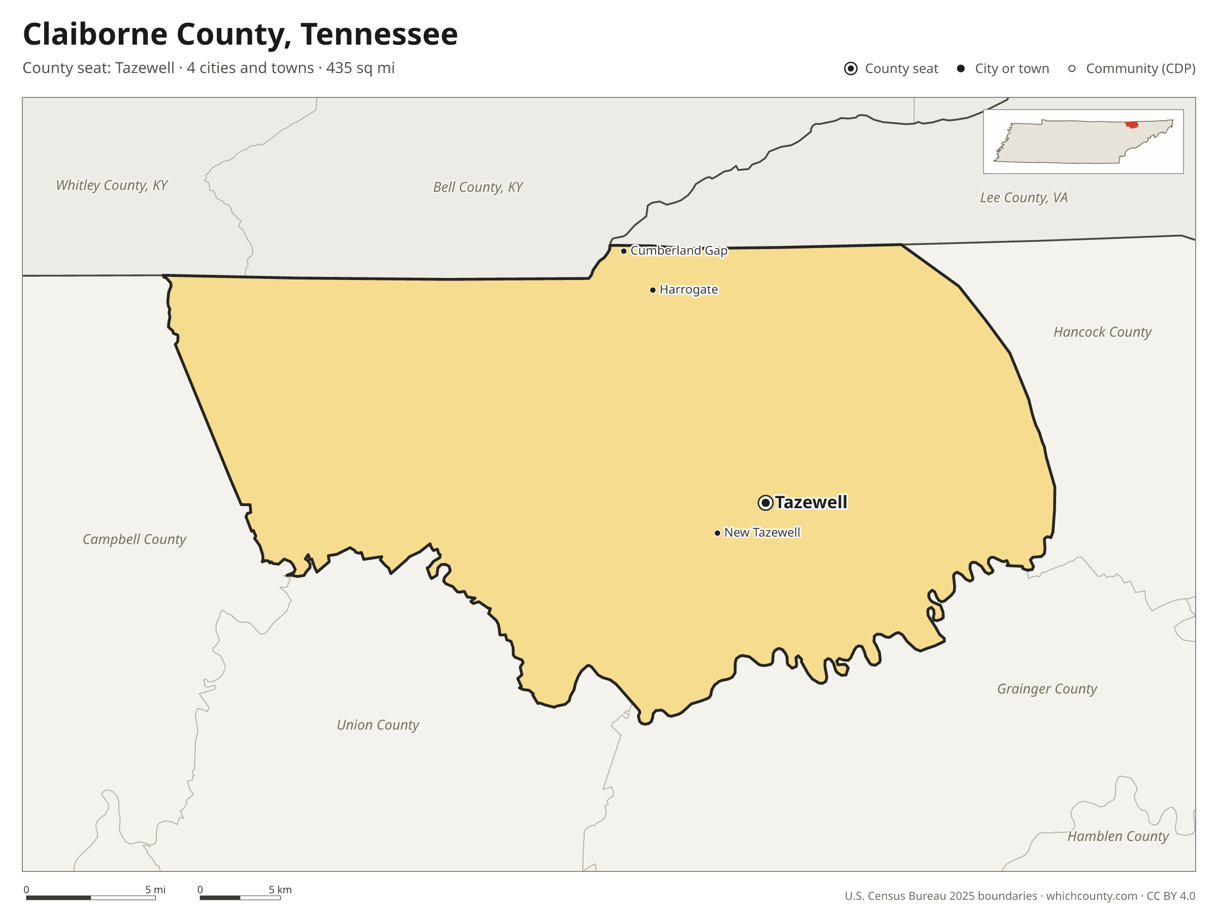 Map of Claiborne County, Tennessee with cities, towns and the county boundary