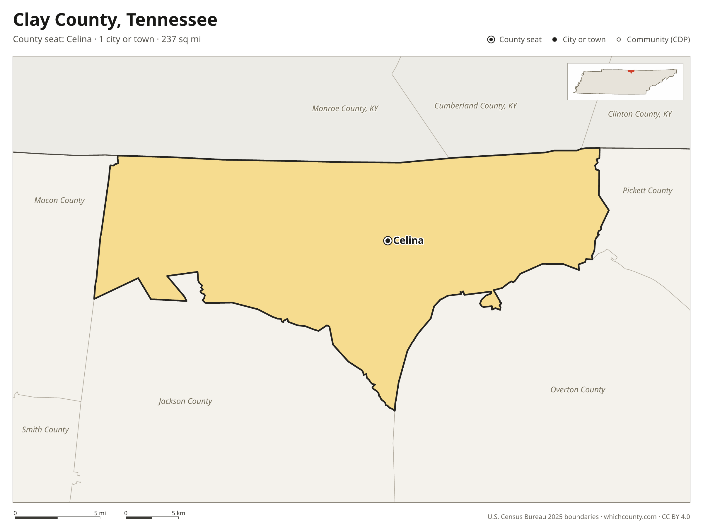 Map of Clay County, Tennessee with cities, towns and the county boundary