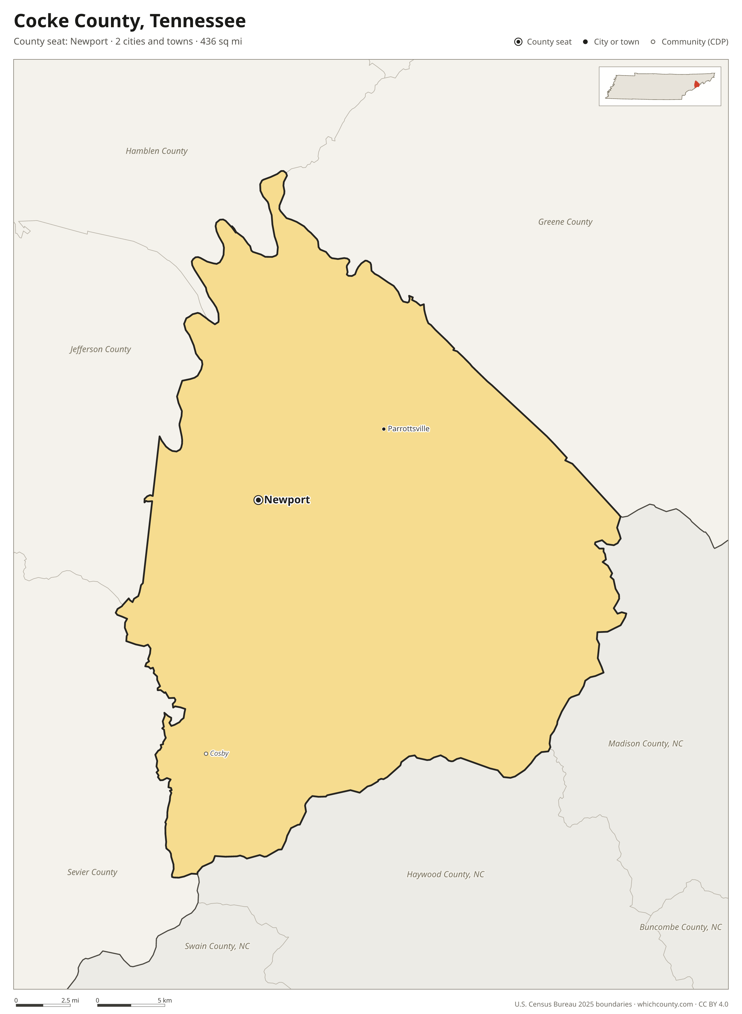 Map of Cocke County, Tennessee with cities, towns and the county boundary