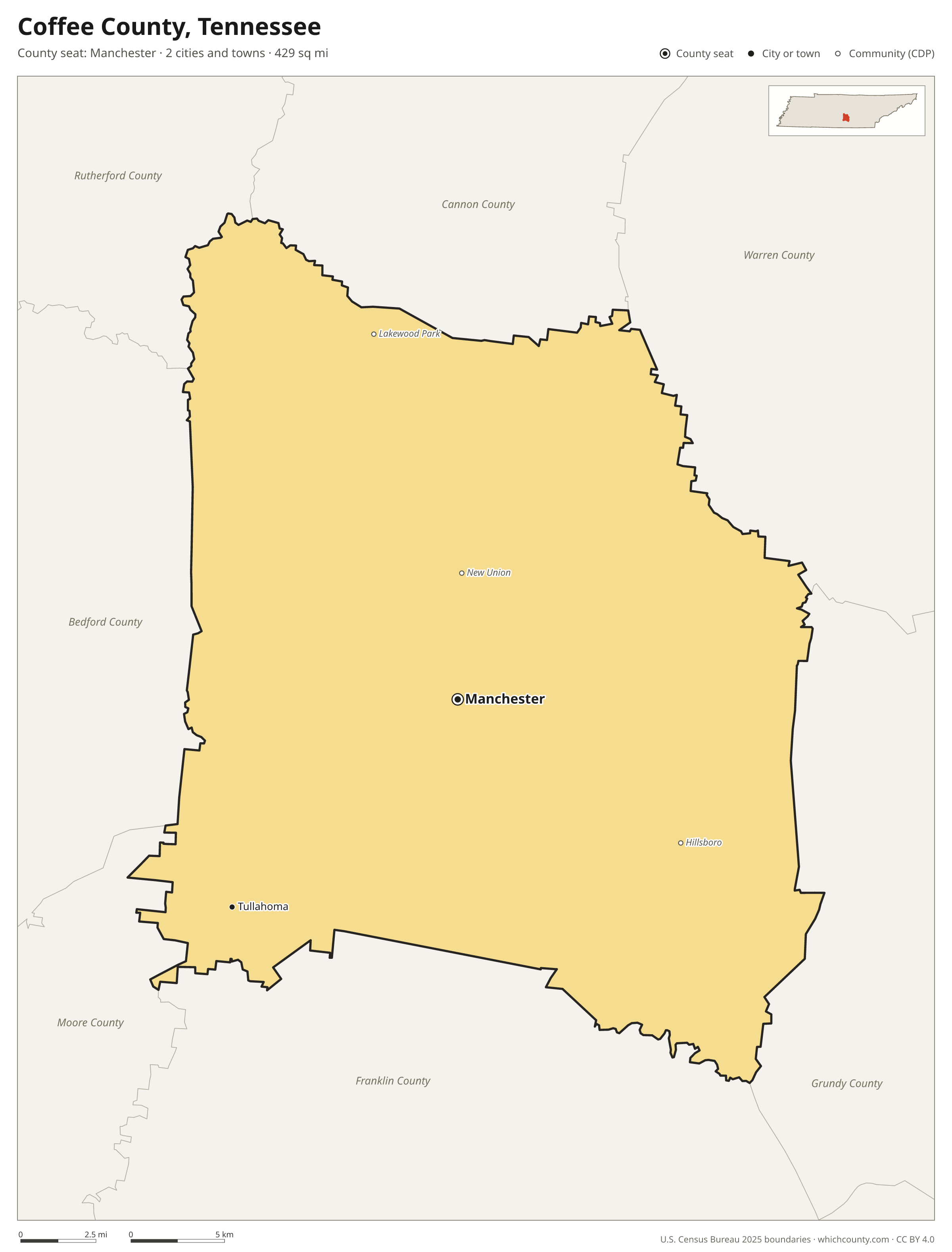 Map of Coffee County, Tennessee with cities, towns and the county boundary