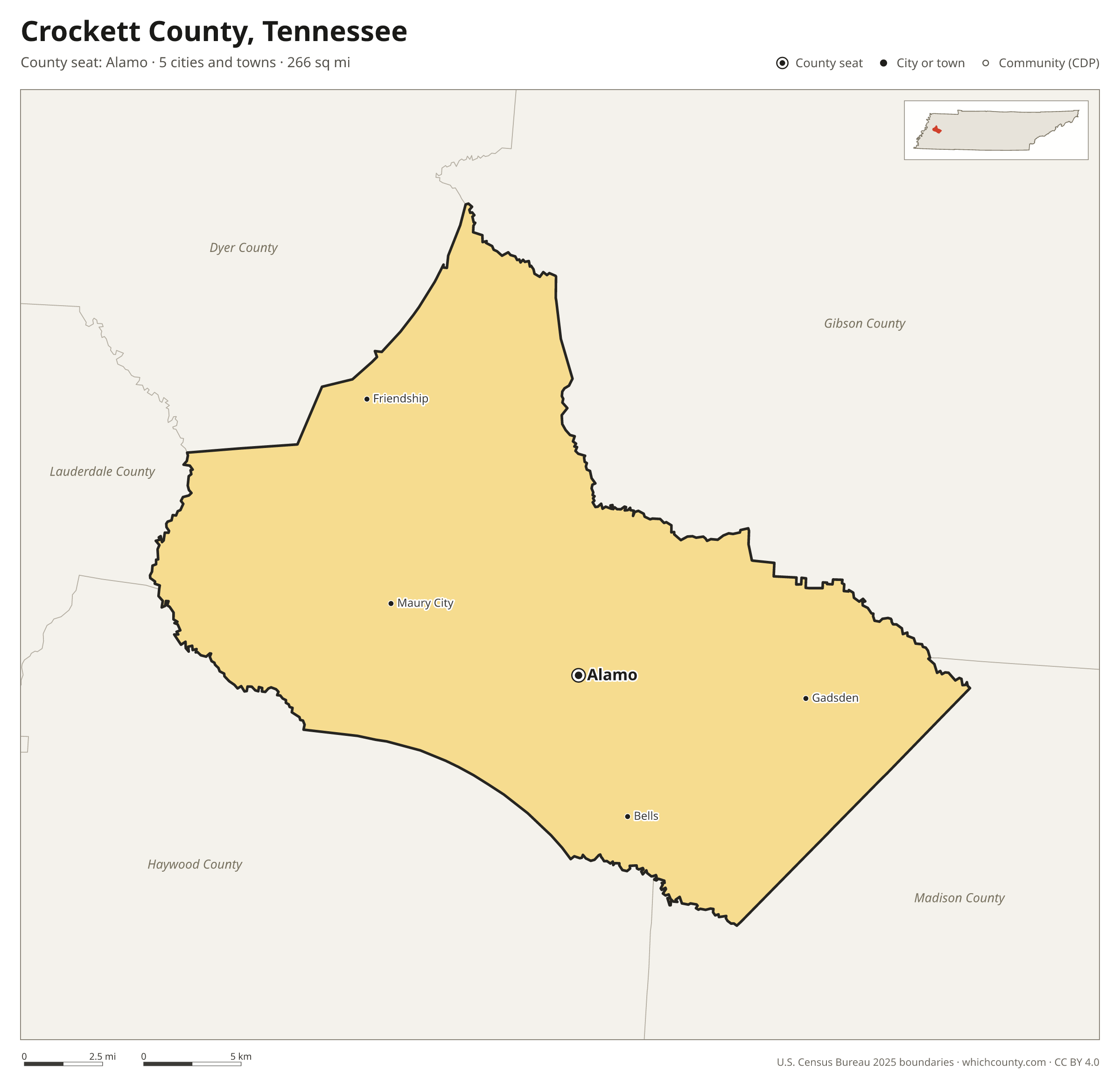Map of Crockett County, Tennessee with cities, towns and the county boundary
