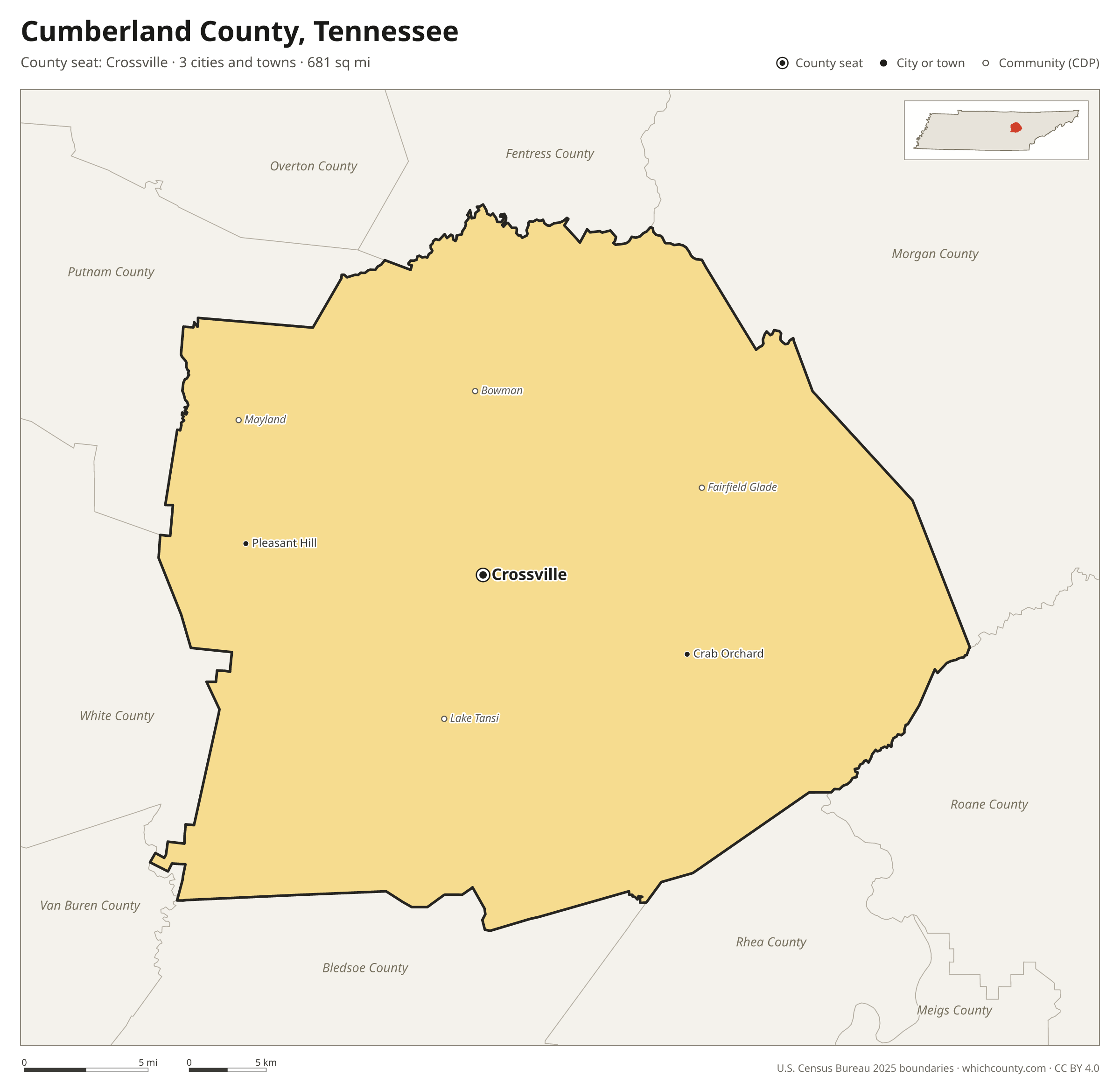 Map of Cumberland County, Tennessee with cities, towns and the county boundary