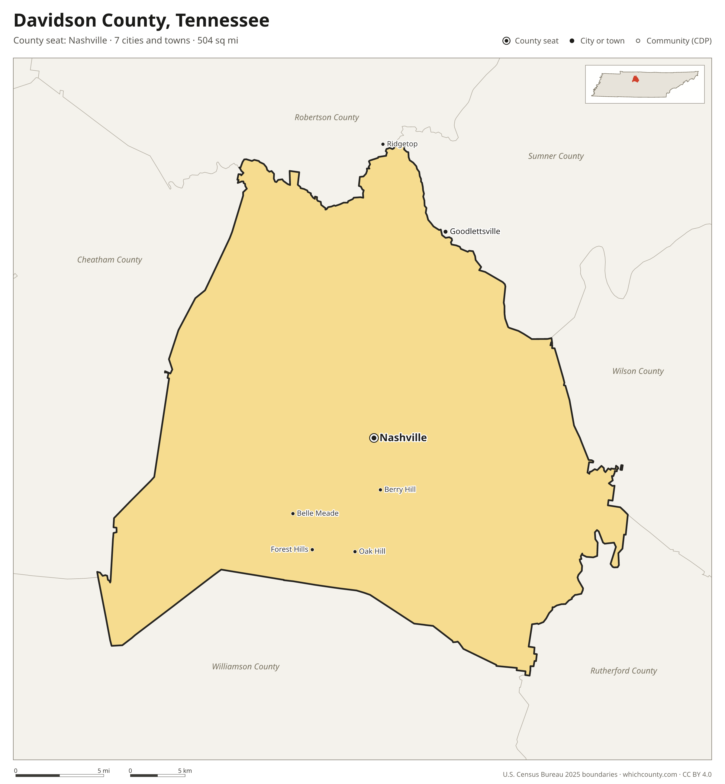 Map of Davidson County, Tennessee with cities, towns and the county boundary