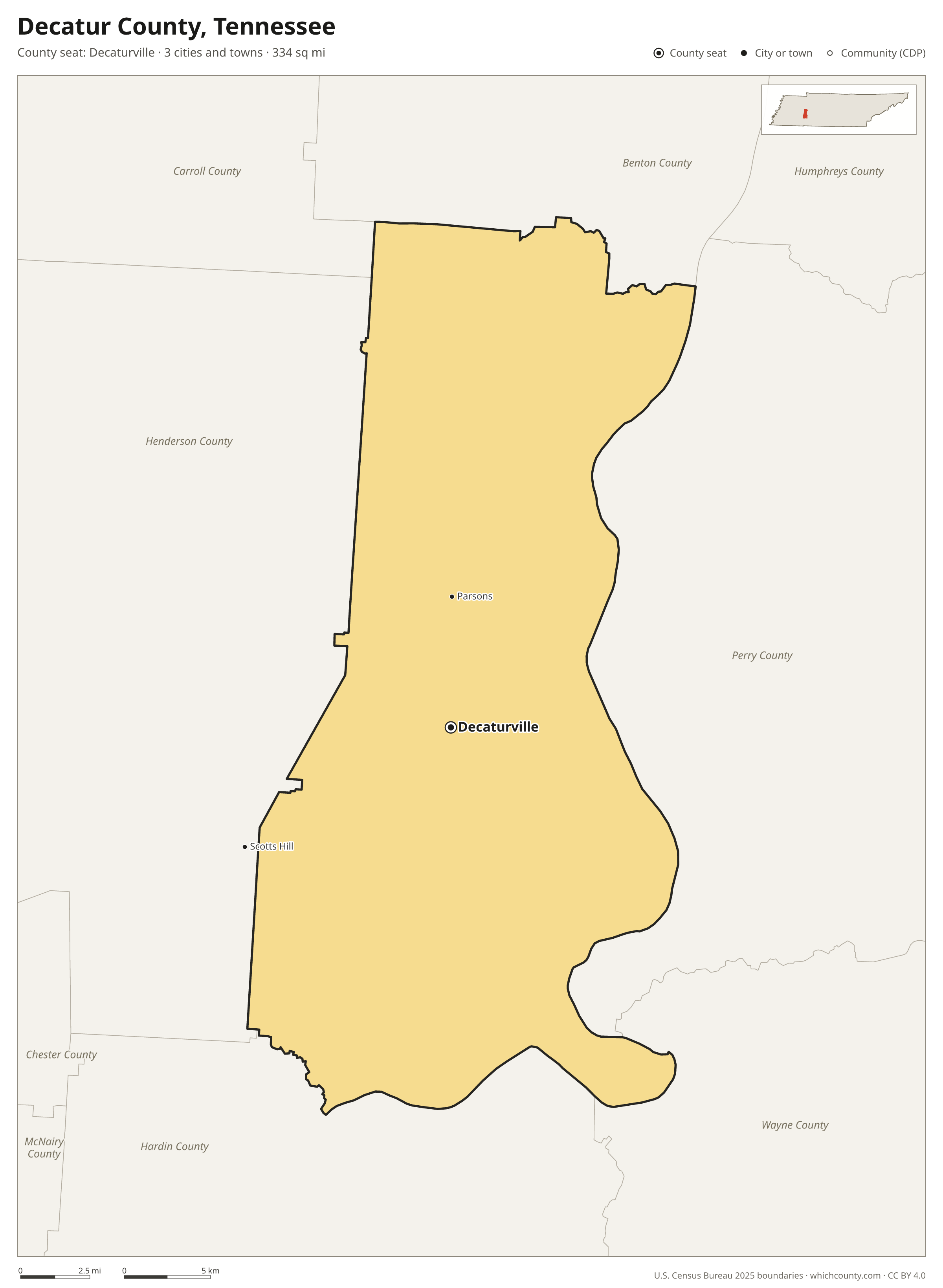 Map of Decatur County, Tennessee with cities, towns and the county boundary