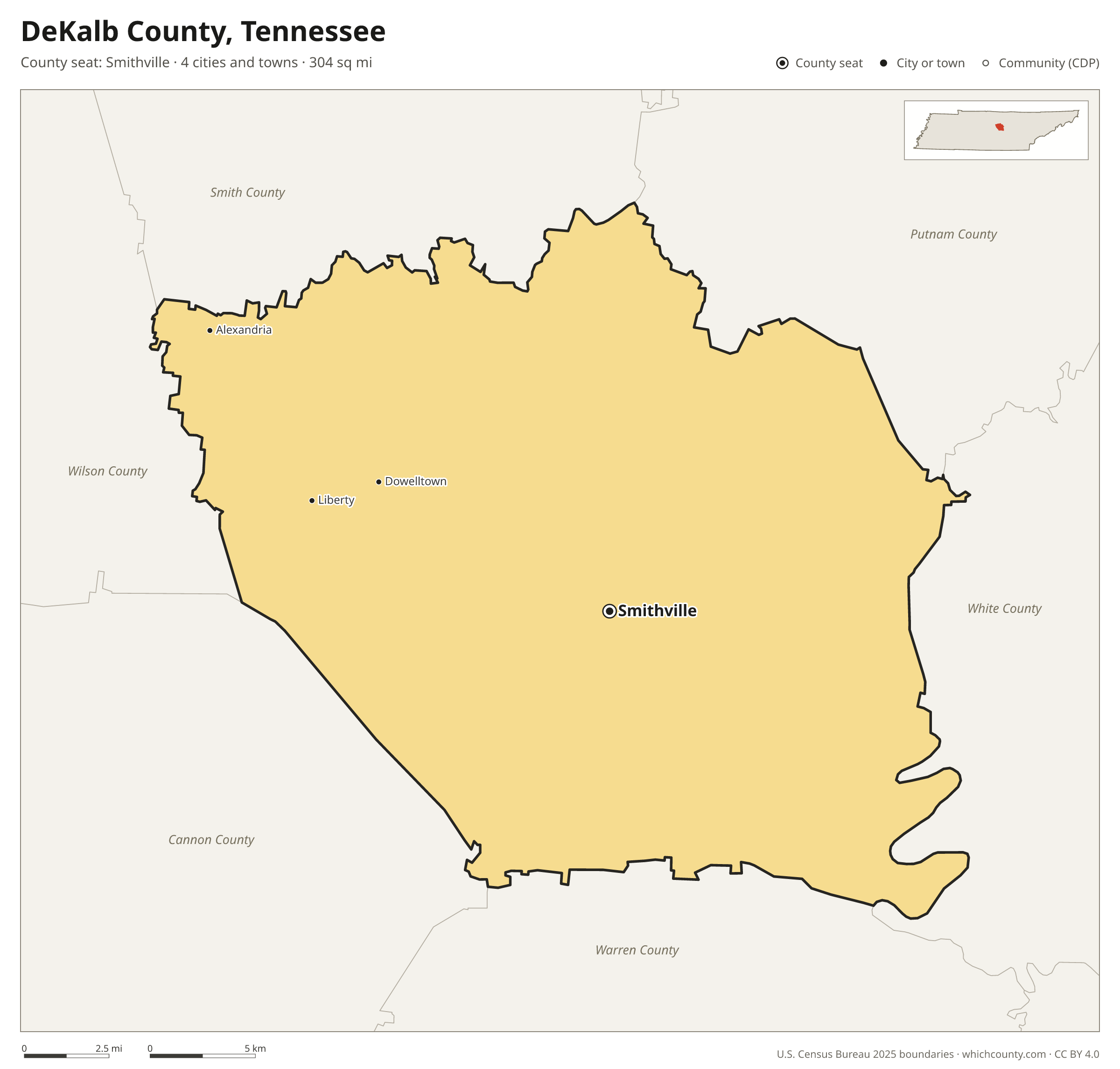 Map of DeKalb County, Tennessee with cities, towns and the county boundary