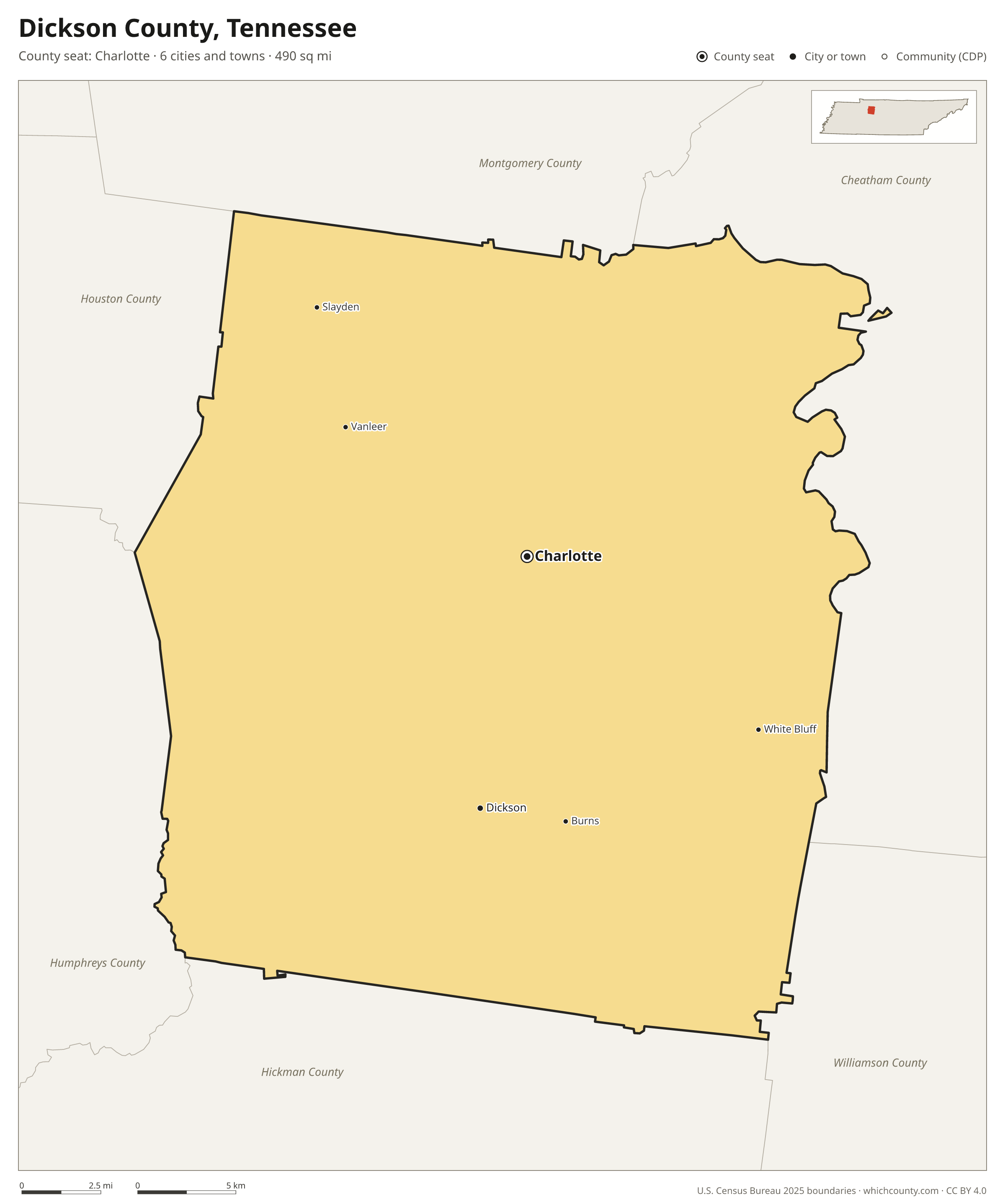 Map of Dickson County, Tennessee with cities, towns and the county boundary