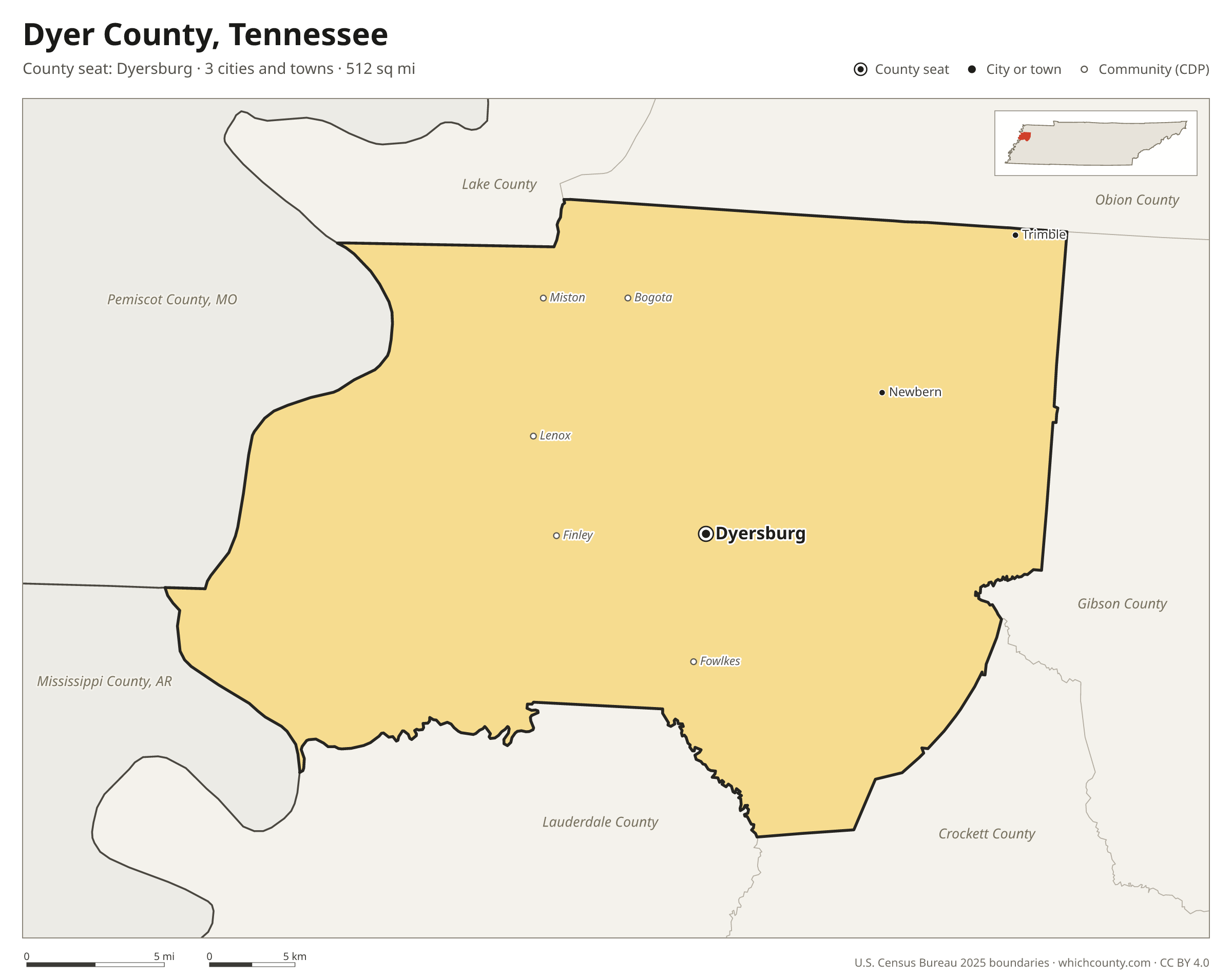 Map of Dyer County, Tennessee with cities, towns and the county boundary