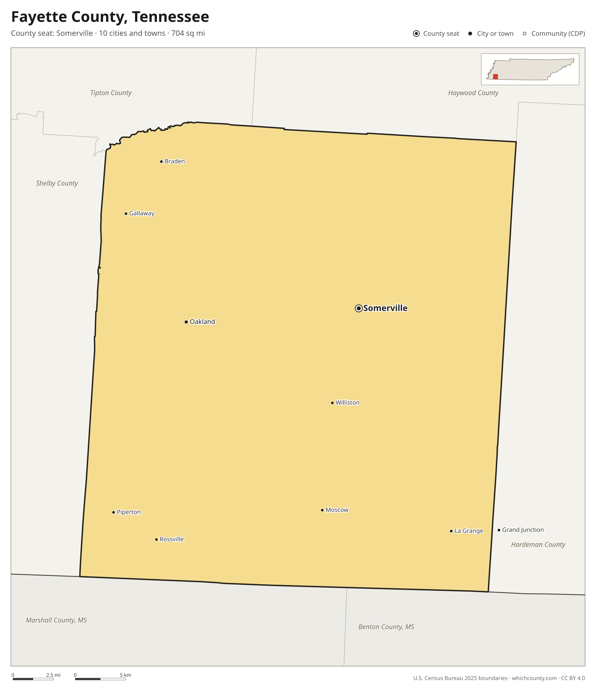 Map of Fayette County, Tennessee with cities, towns and the county boundary