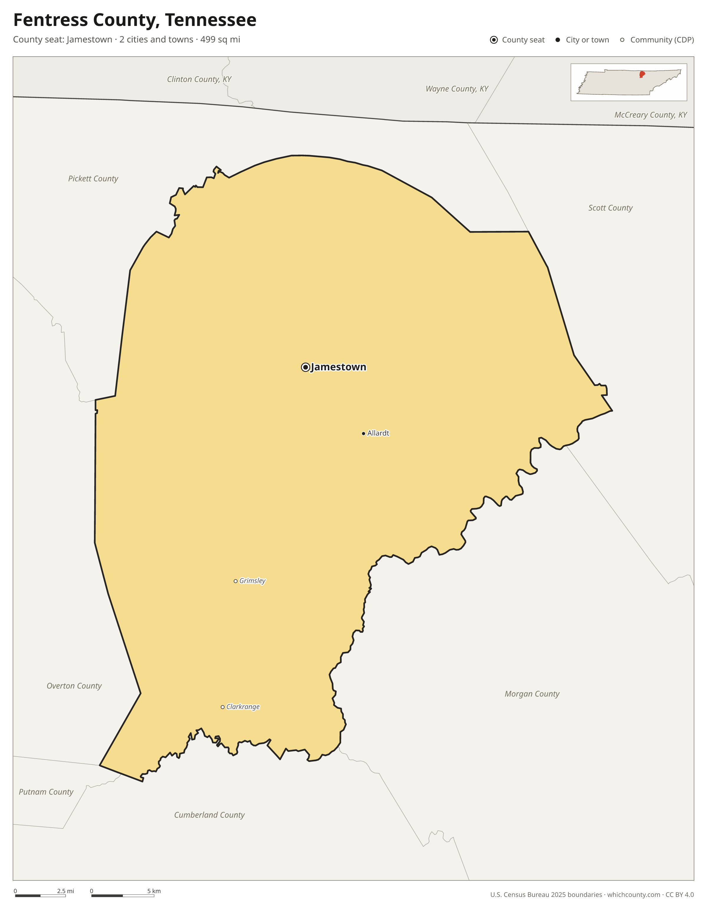 Map of Fentress County, Tennessee with cities, towns and the county boundary