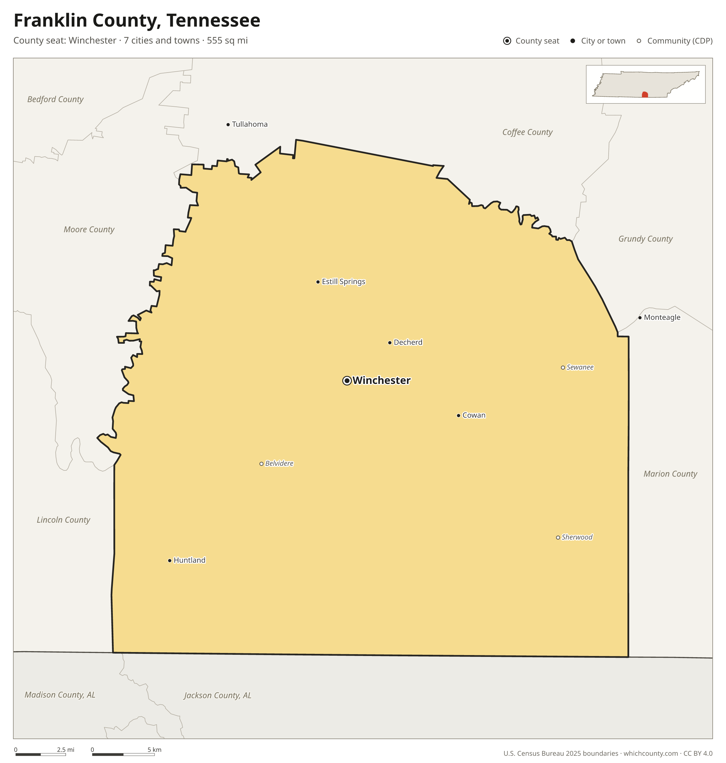 Map of Franklin County, Tennessee with cities, towns and the county boundary