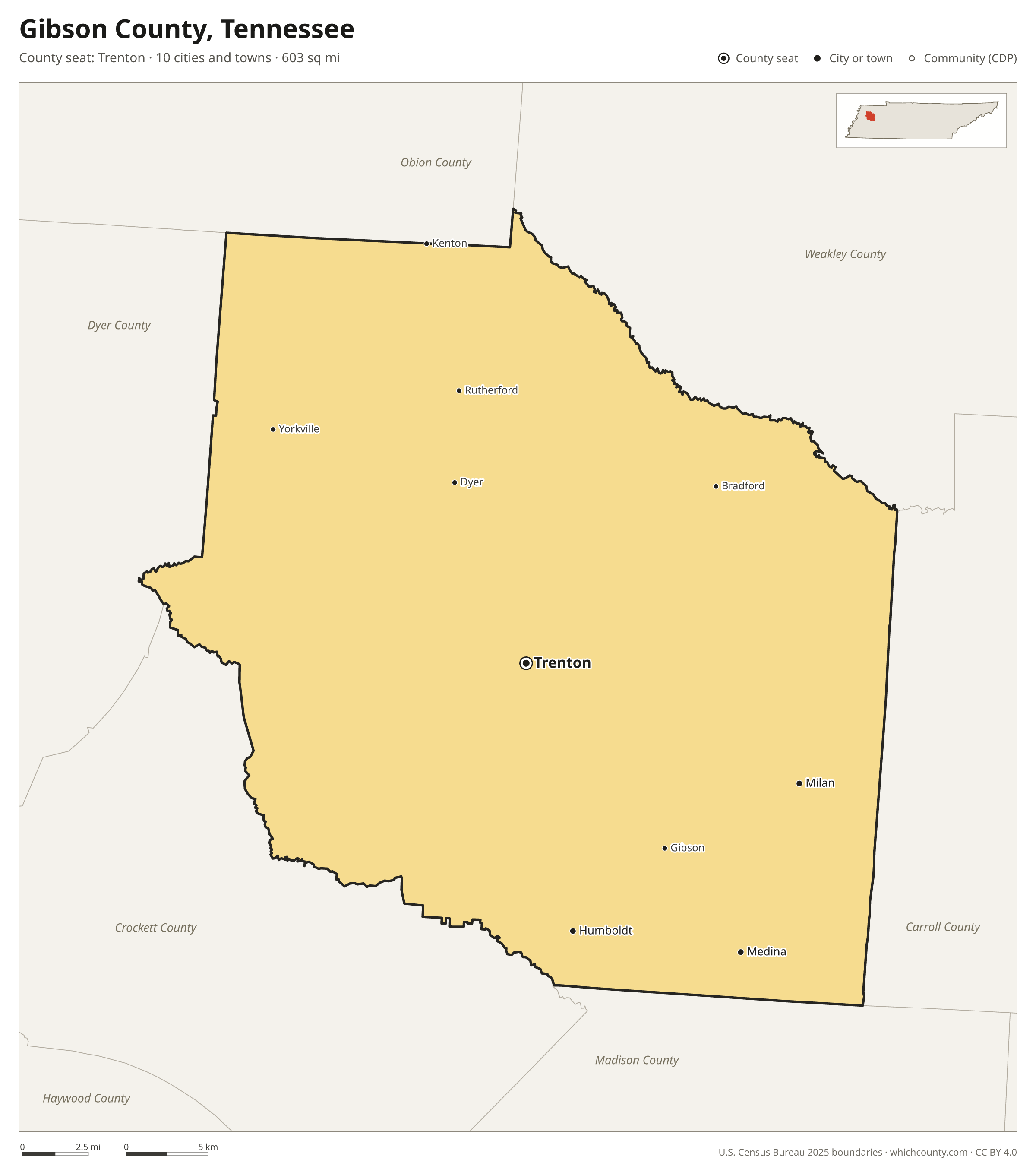 Map of Gibson County, Tennessee with cities, towns and the county boundary