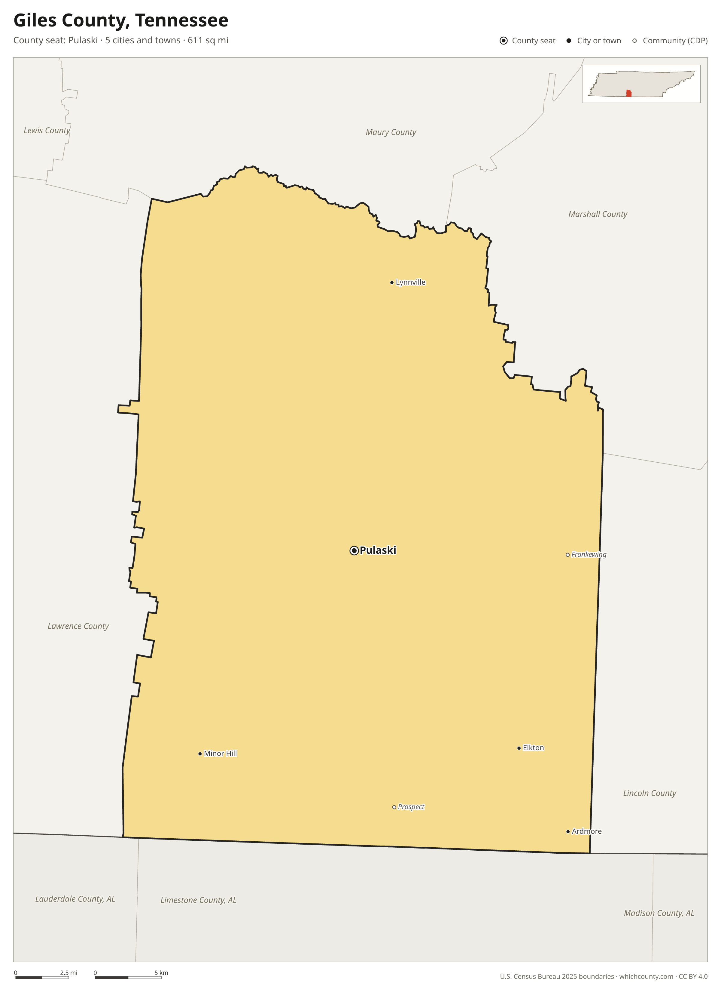 Map of Giles County, Tennessee with cities, towns and the county boundary