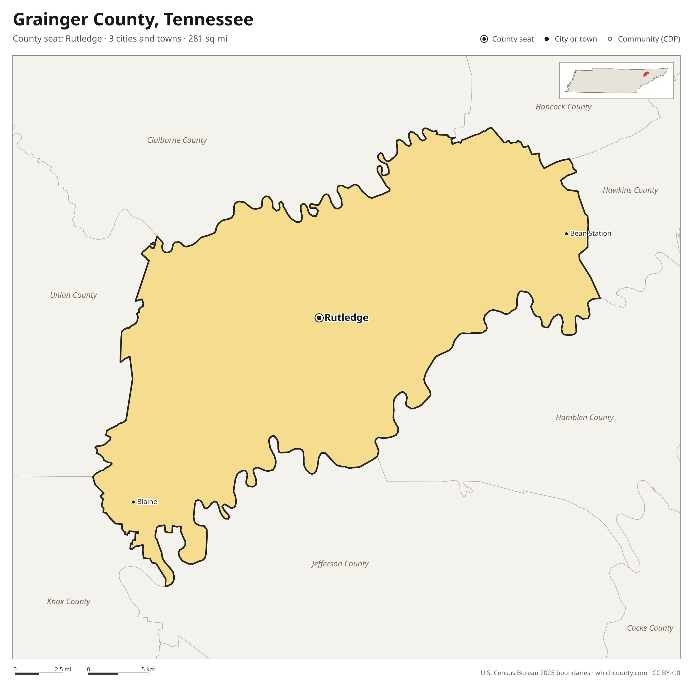 Map of Grainger County, Tennessee with cities, towns and the county boundary