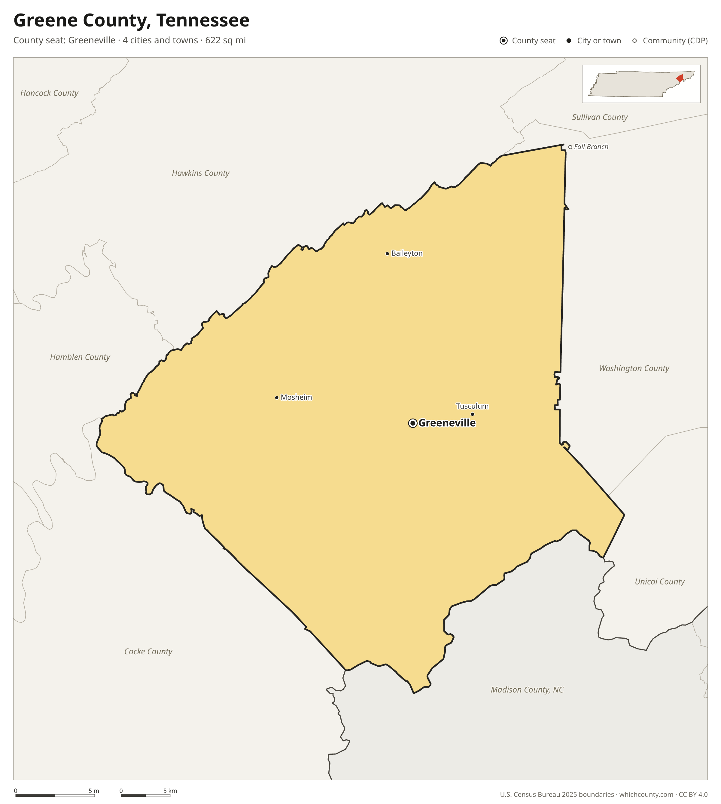 Map of Greene County, Tennessee with cities, towns and the county boundary