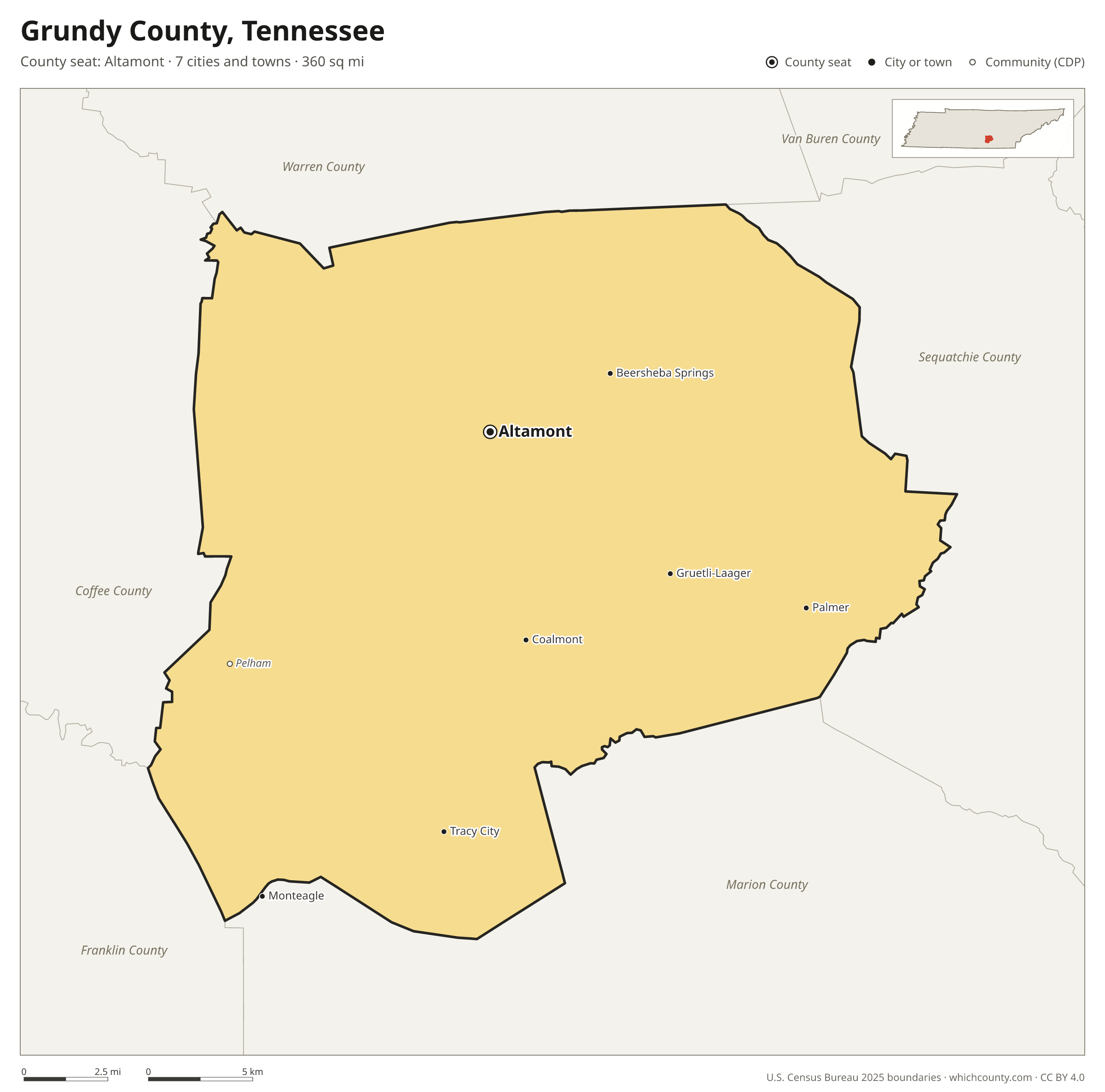 Map of Grundy County, Tennessee with cities, towns and the county boundary