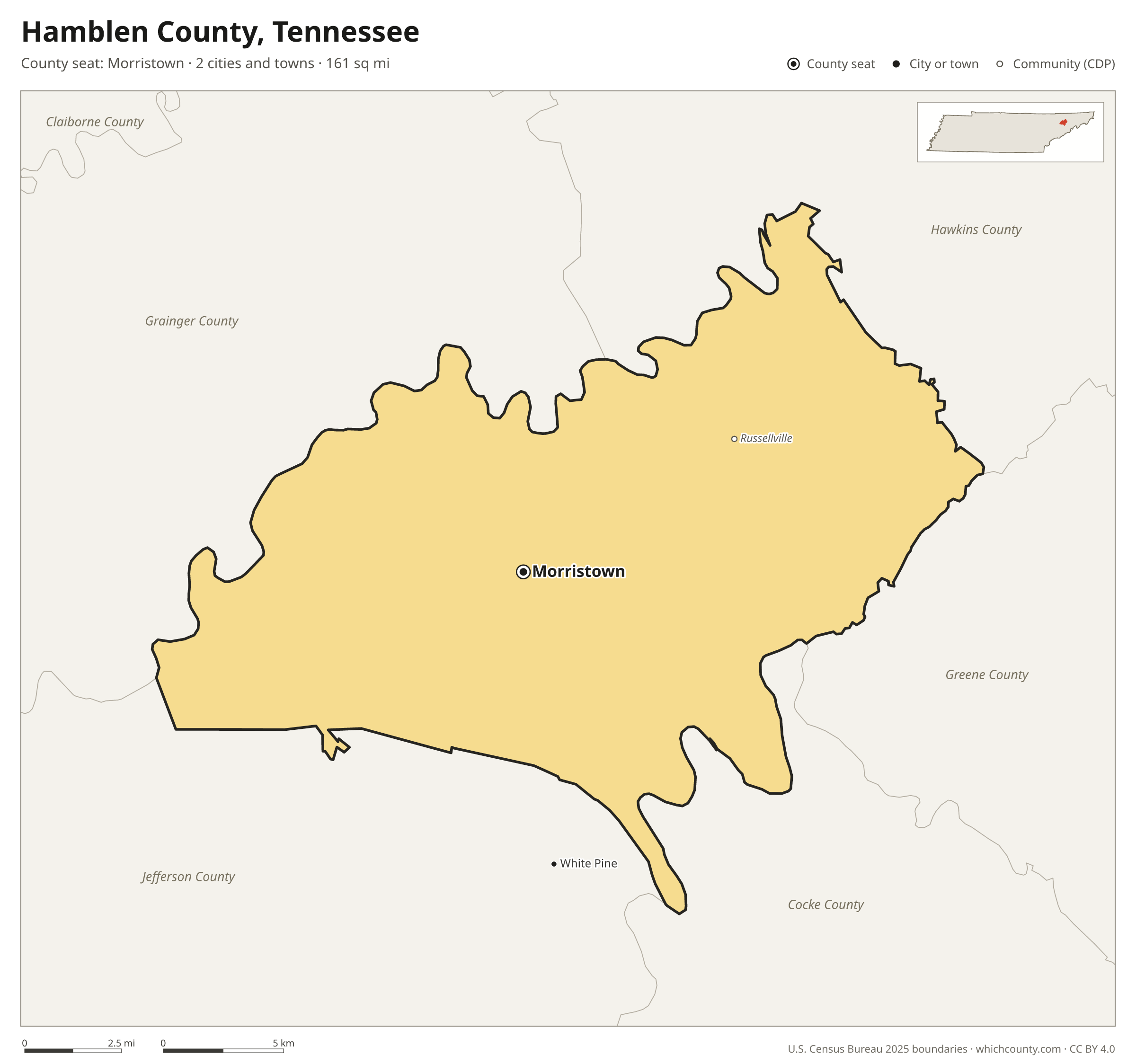 Map of Hamblen County, Tennessee with cities, towns and the county boundary