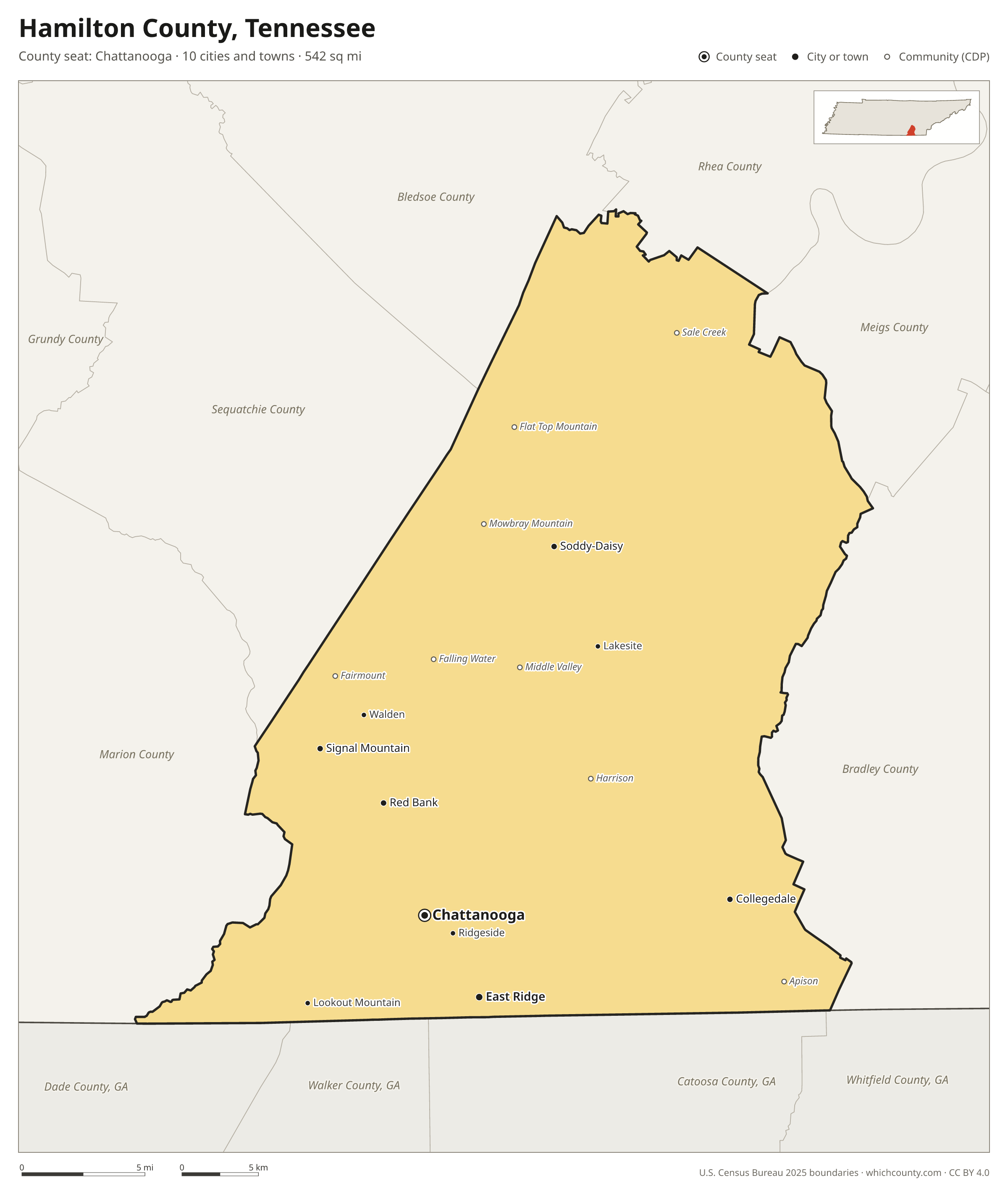 Map of Hamilton County, Tennessee with cities, towns and the county boundary