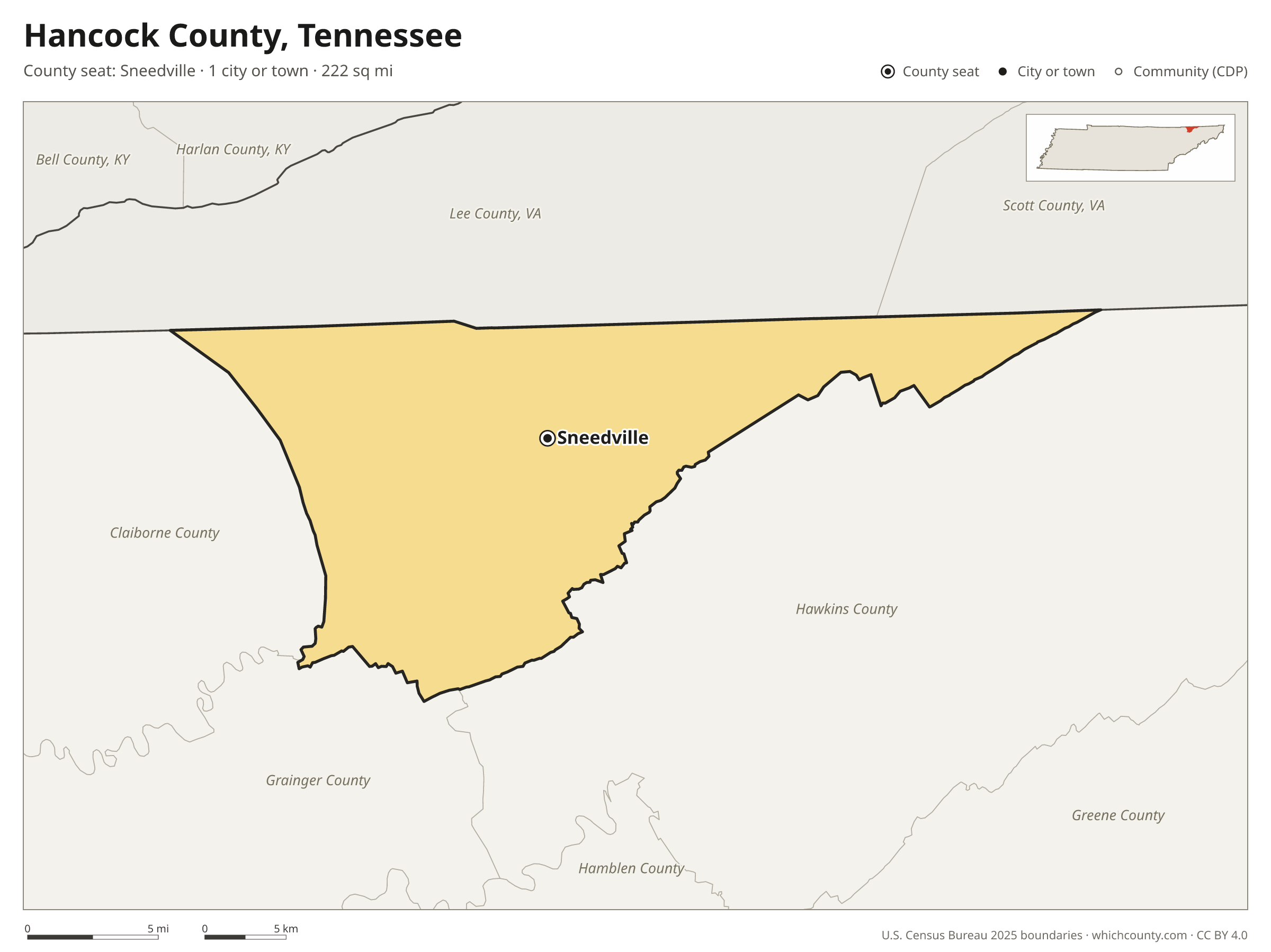 Map of Hancock County, Tennessee with cities, towns and the county boundary
