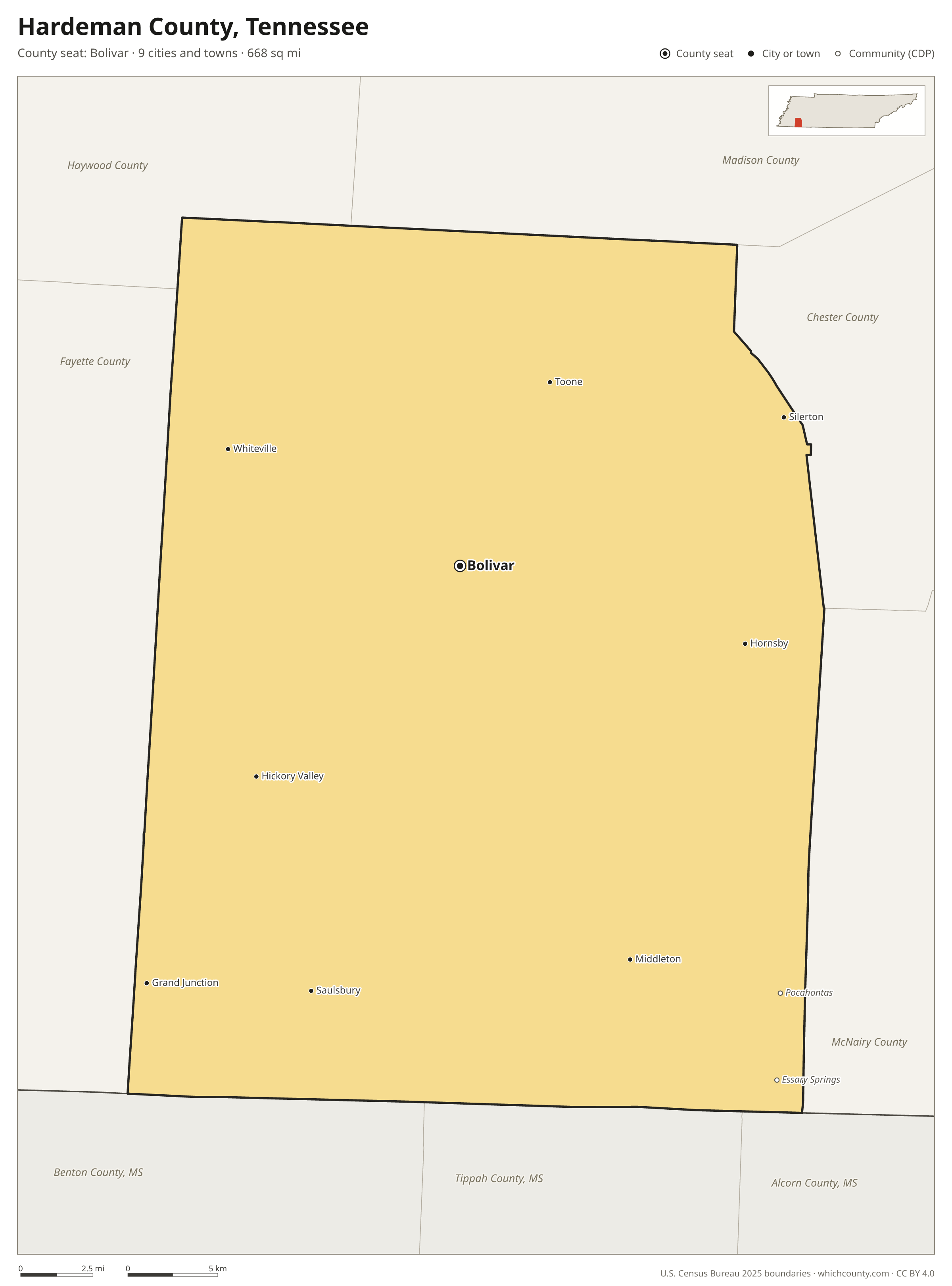 Map of Hardeman County, Tennessee with cities, towns and the county boundary