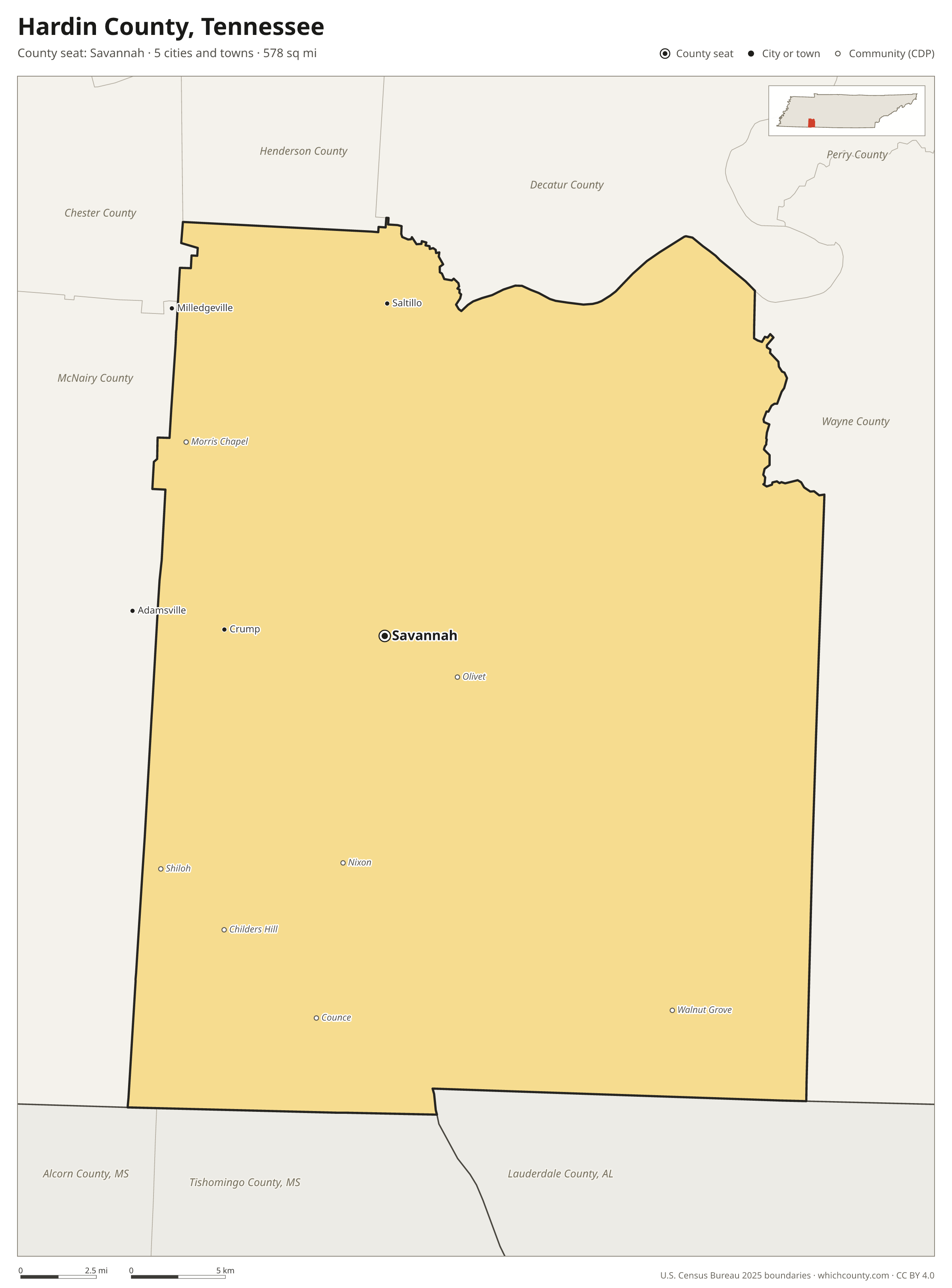 Map of Hardin County, Tennessee with cities, towns and the county boundary