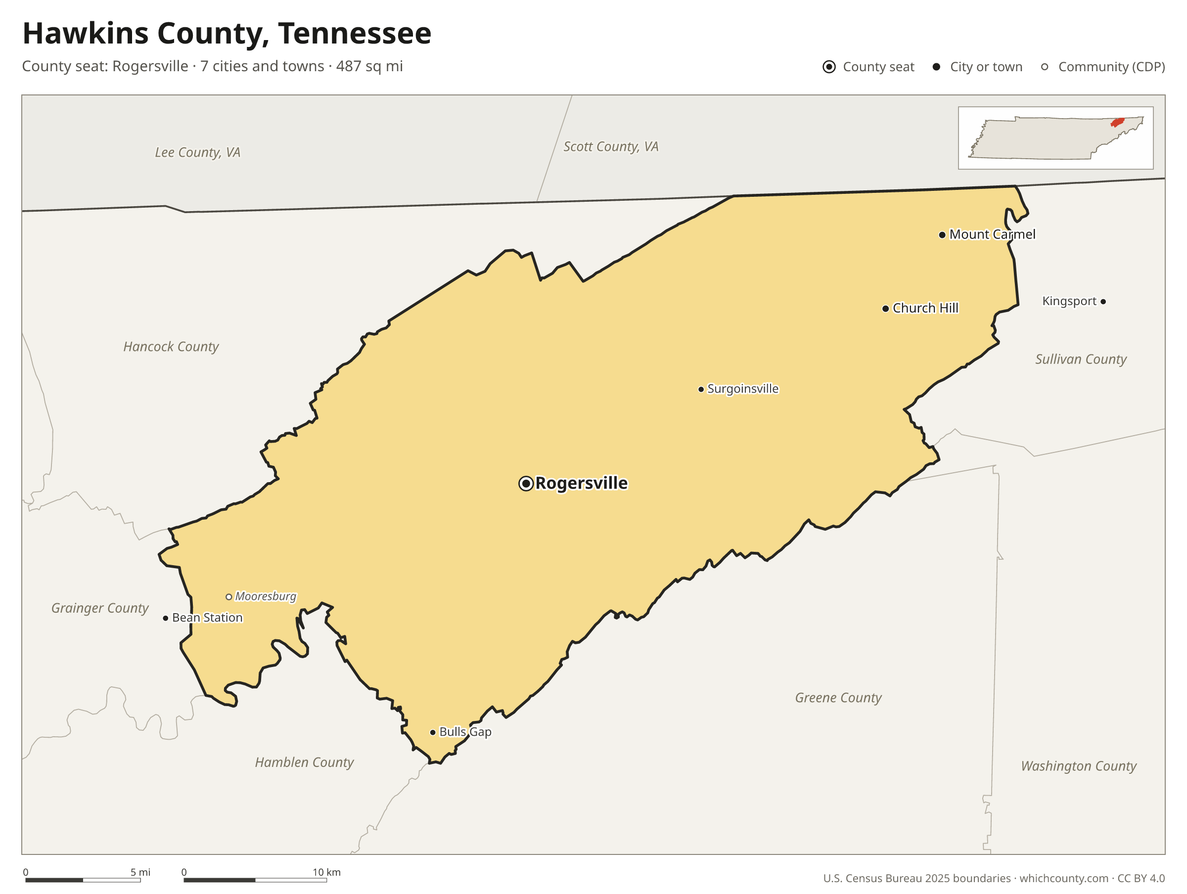 Map of Hawkins County, Tennessee with cities, towns and the county boundary
