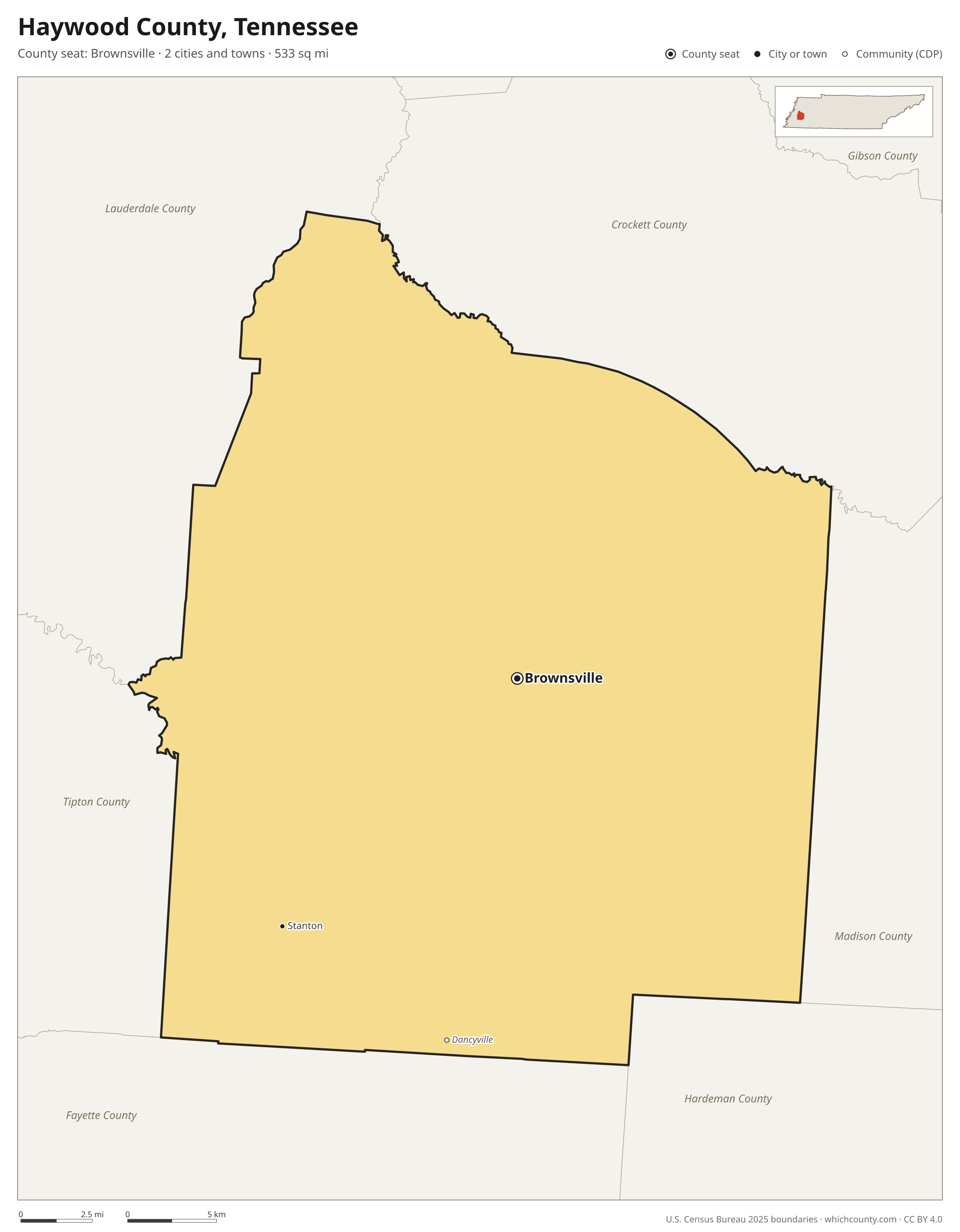 Map of Haywood County, Tennessee with cities, towns and the county boundary