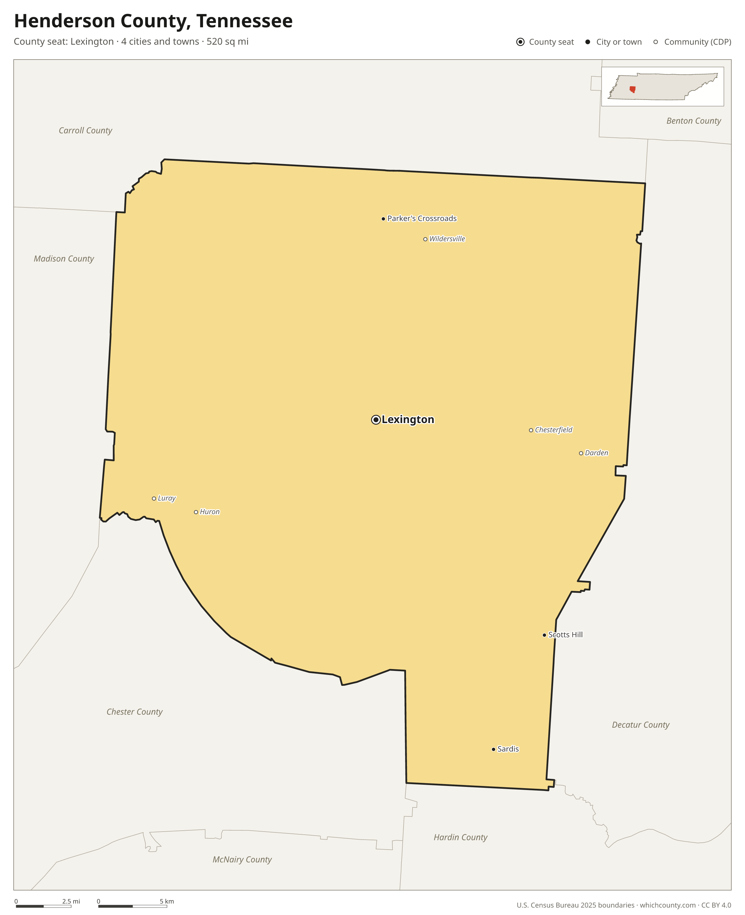 Map of Henderson County, Tennessee with cities, towns and the county boundary