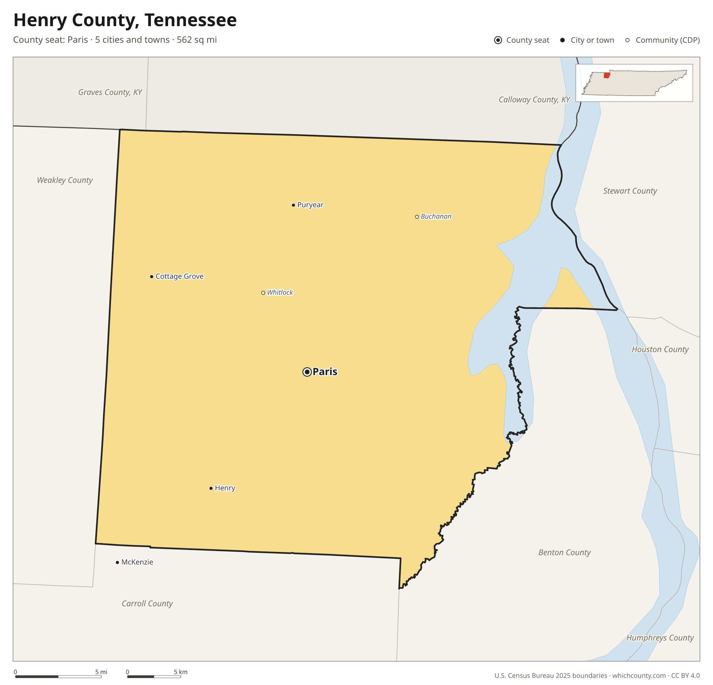 Map of Henry County, Tennessee with cities, towns and the county boundary