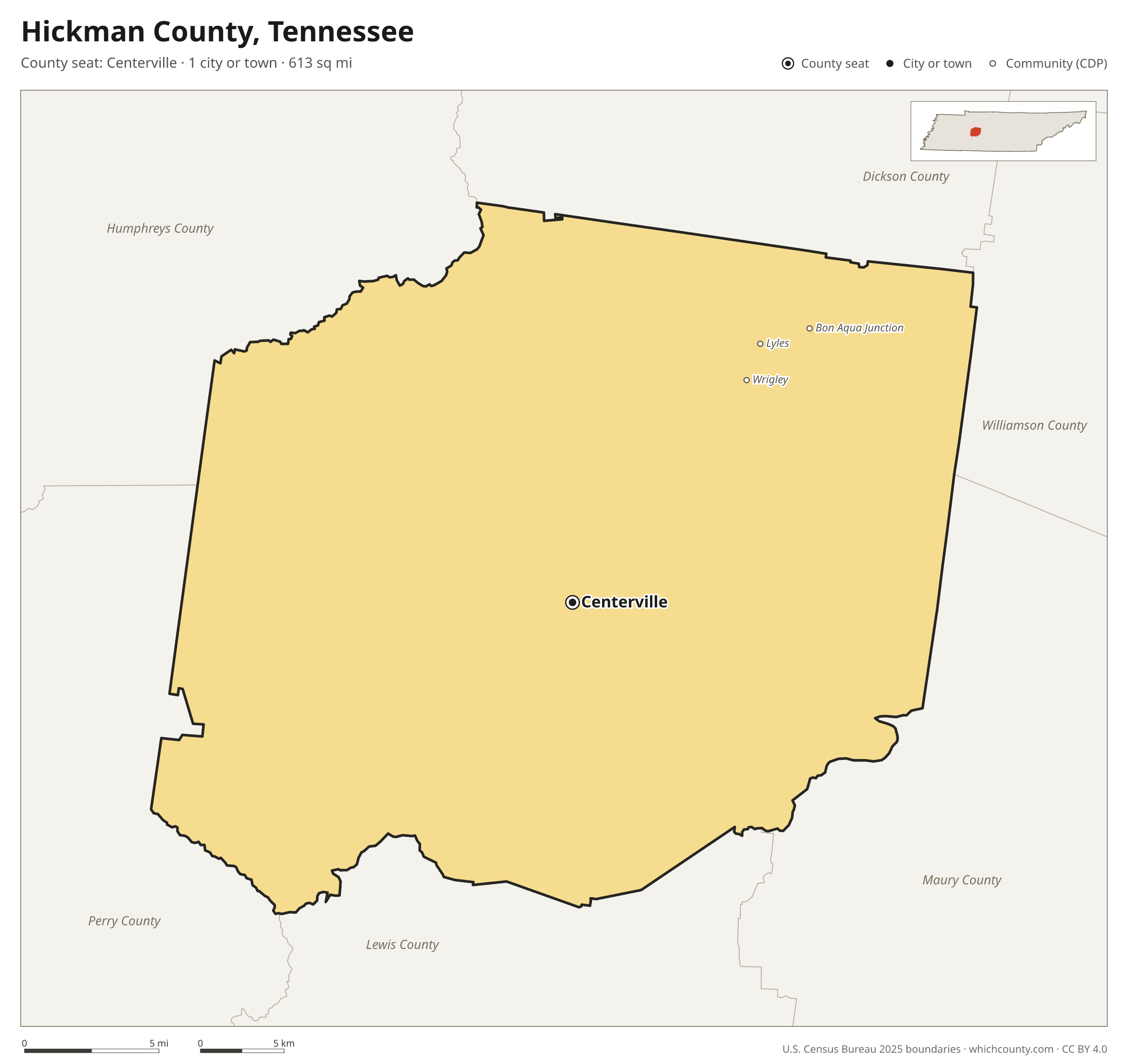 Map of Hickman County, Tennessee with cities, towns and the county boundary