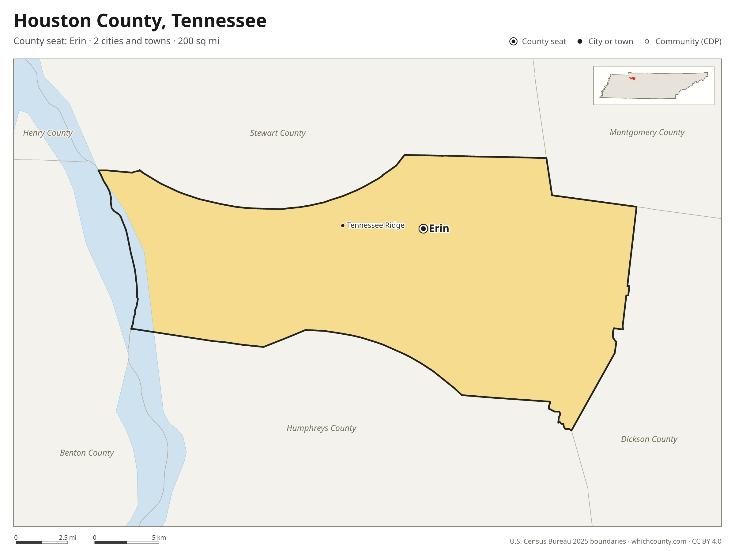 Map of Houston County, Tennessee with cities, towns and the county boundary