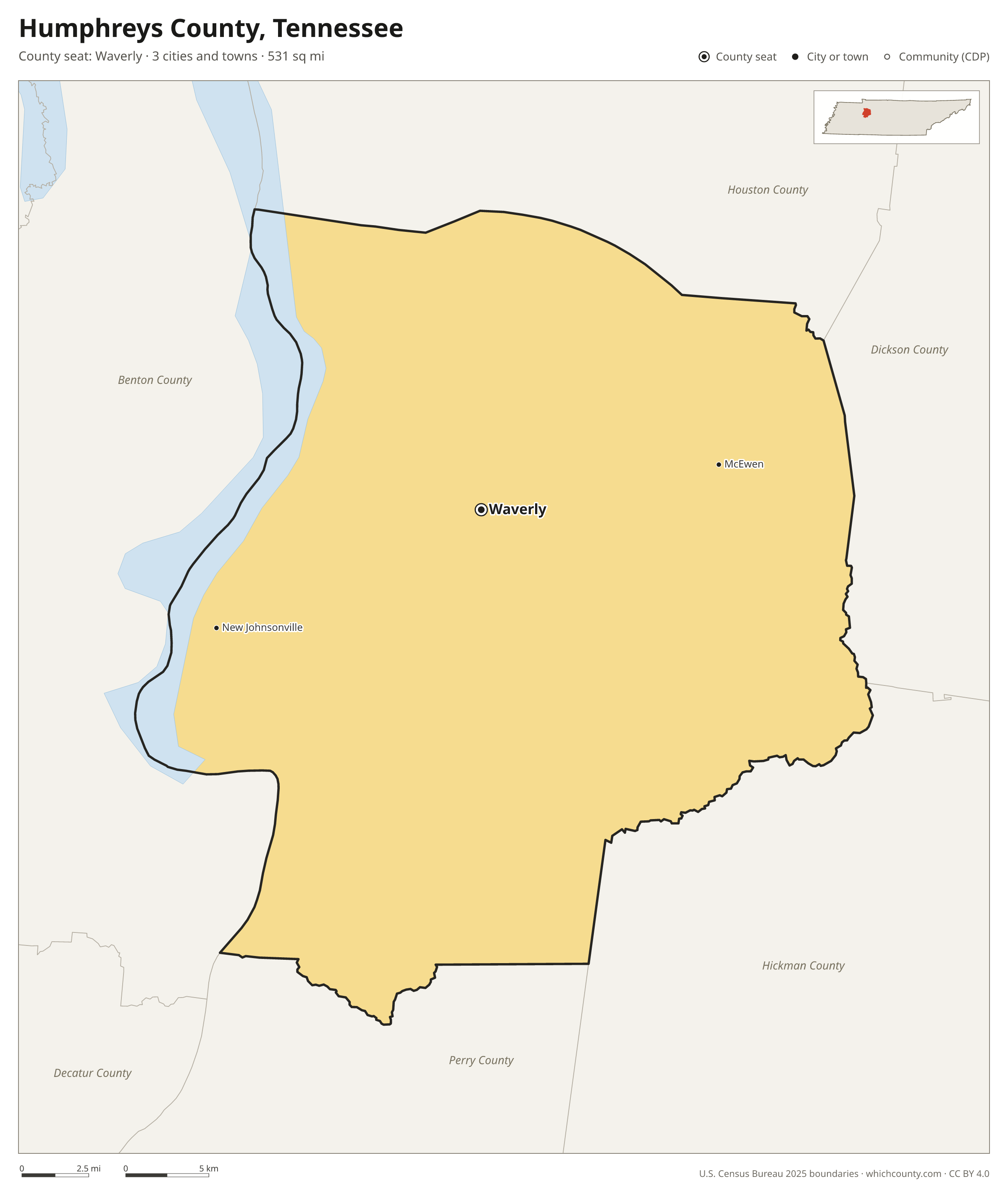 Map of Humphreys County, Tennessee with cities, towns and the county boundary