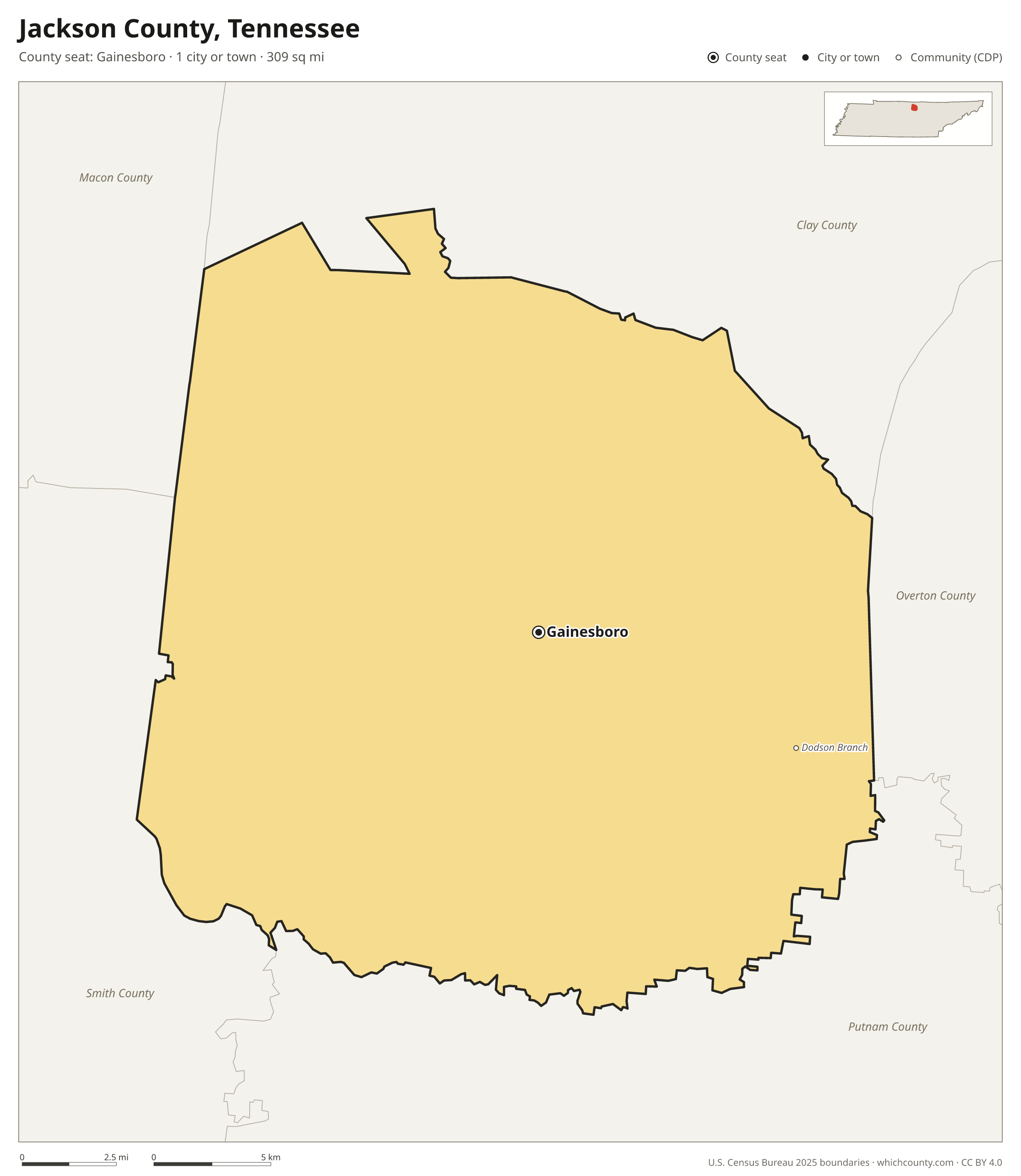 Map of Jackson County, Tennessee with cities, towns and the county boundary