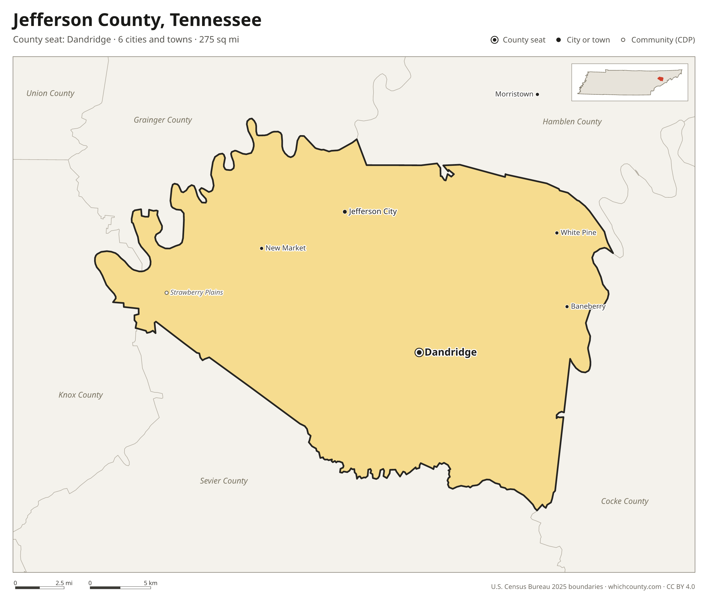 Map of Jefferson County, Tennessee with cities, towns and the county boundary