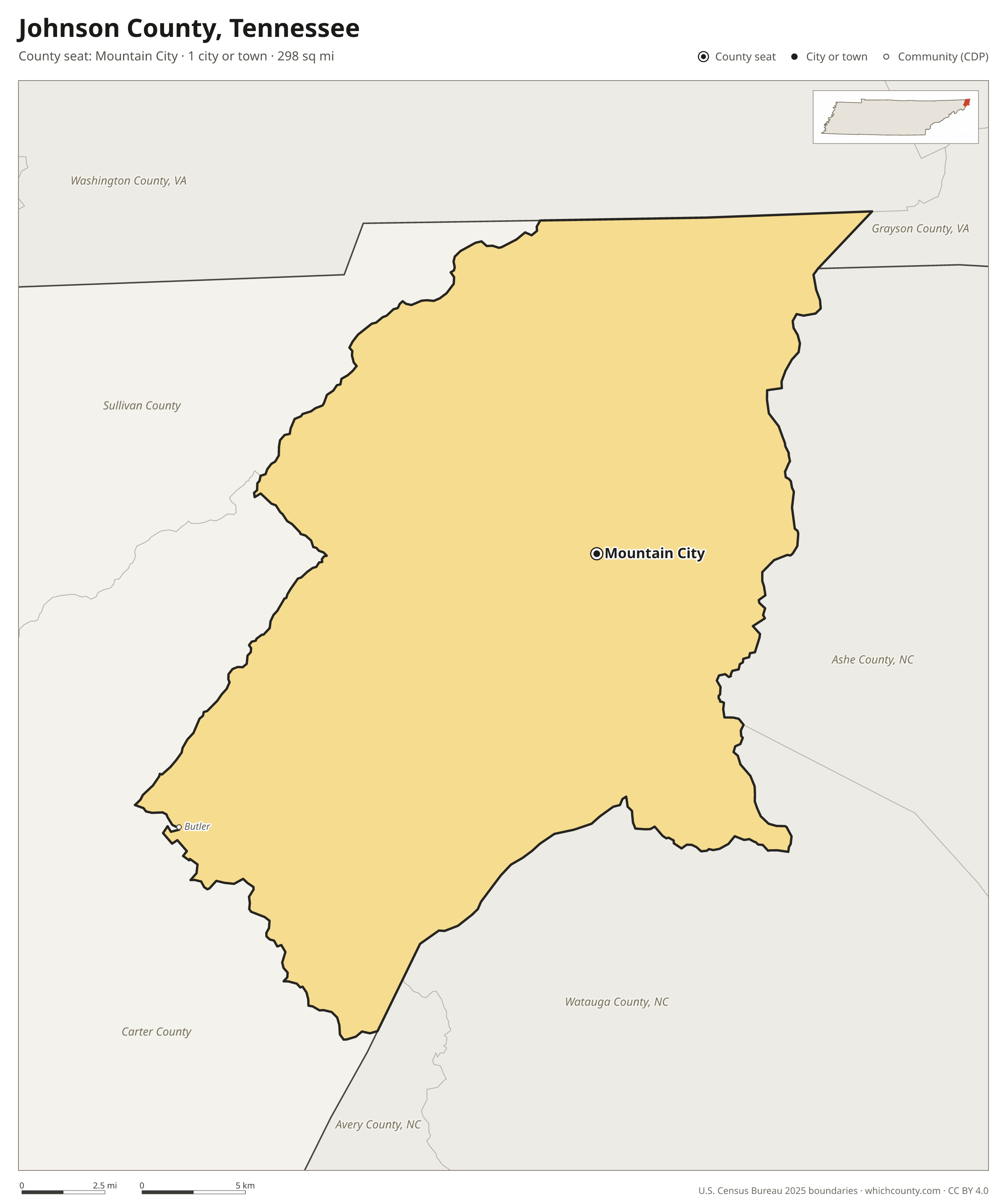 Map of Johnson County, Tennessee with cities, towns and the county boundary