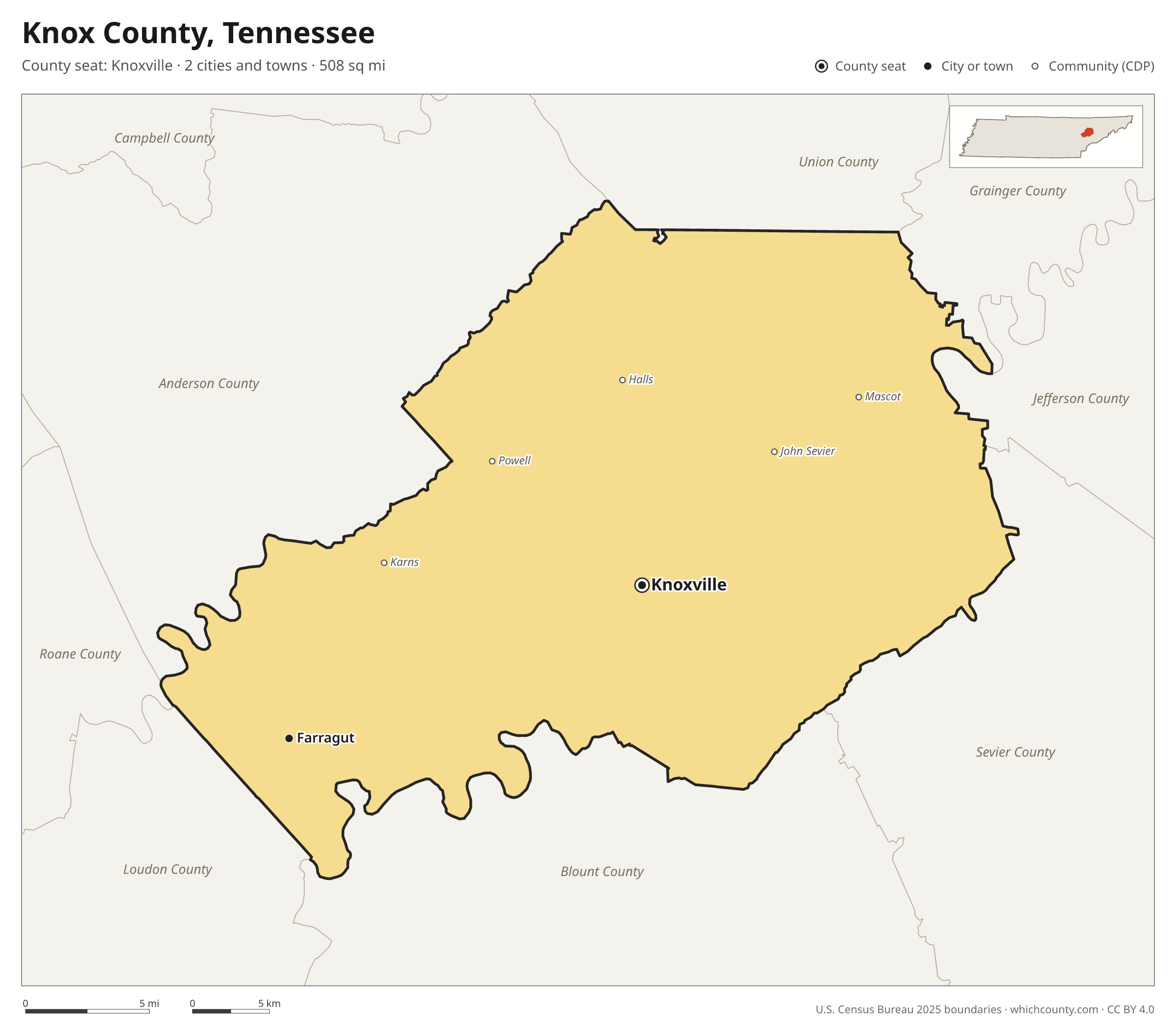 Map of Knox County, Tennessee with cities, towns and the county boundary