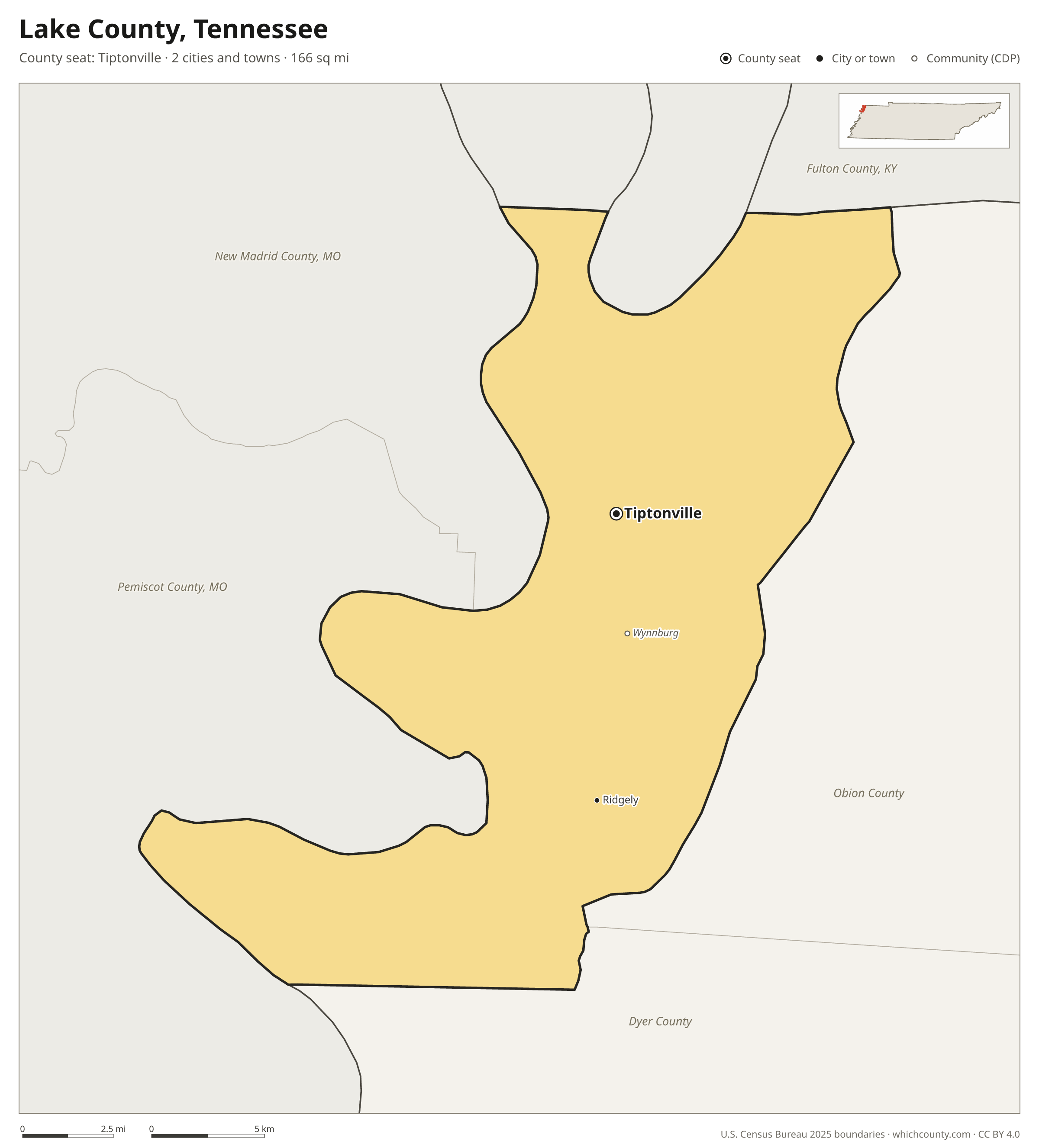 Map of Lake County, Tennessee with cities, towns and the county boundary