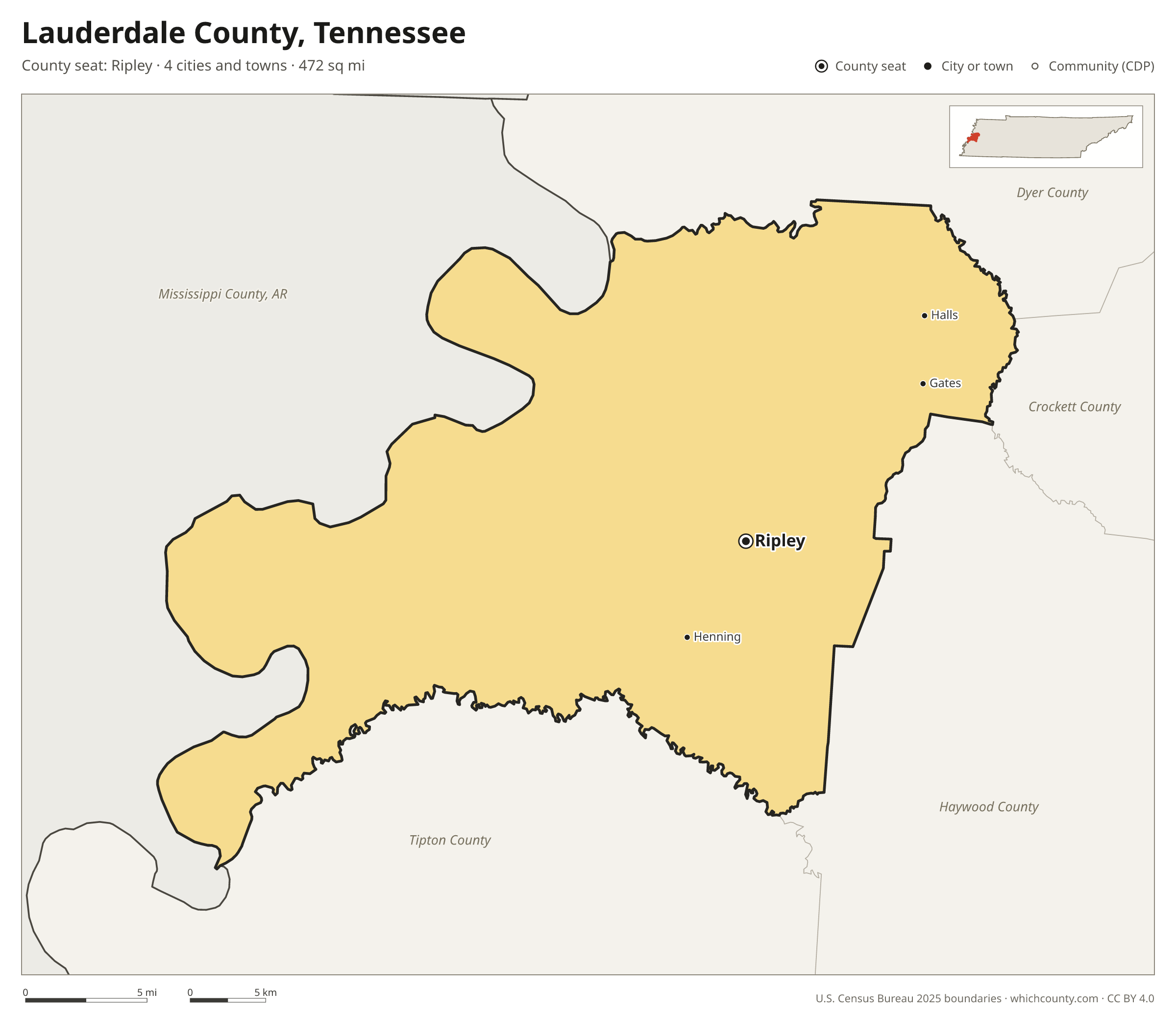 Map of Lauderdale County, Tennessee with cities, towns and the county boundary