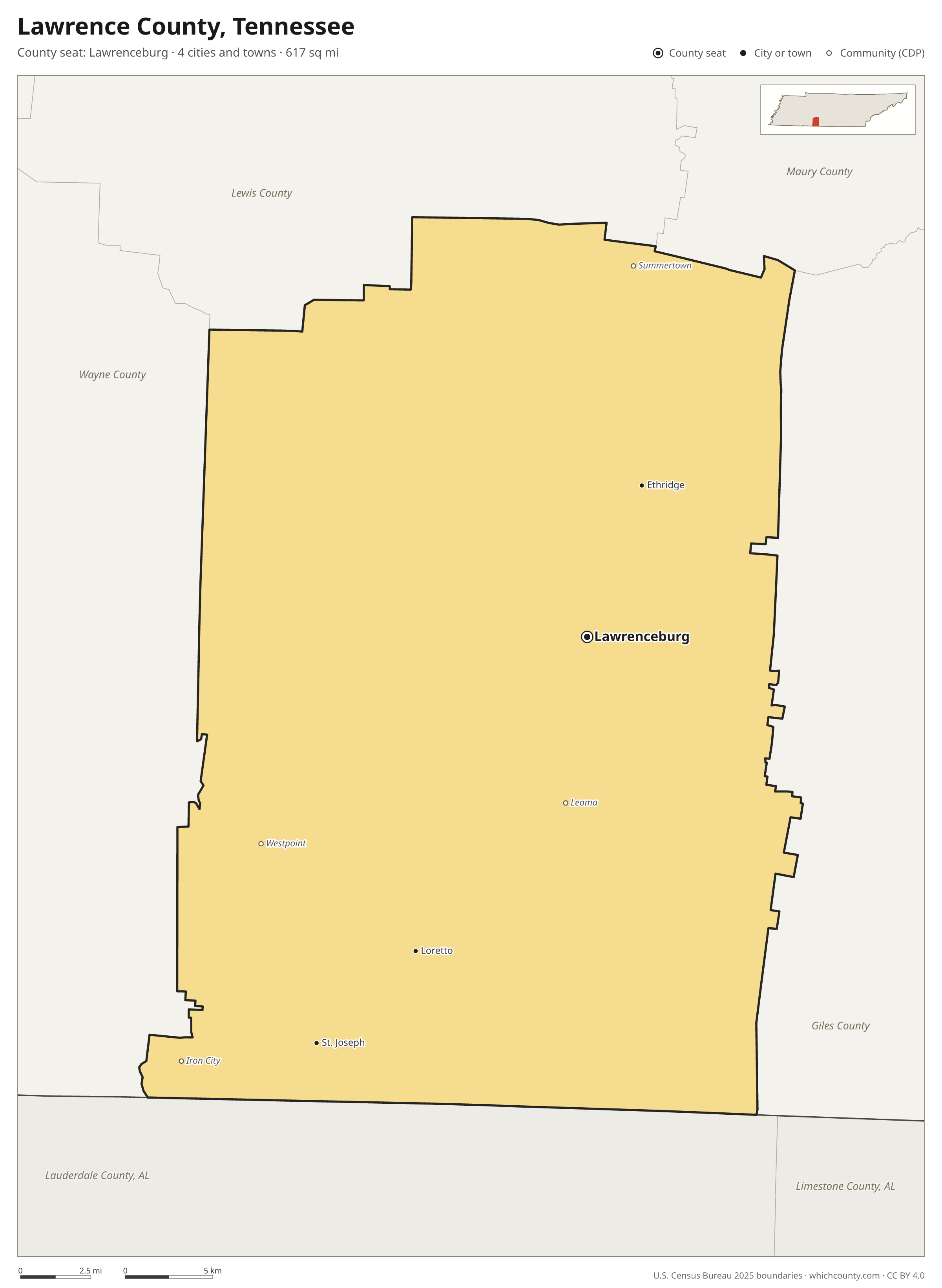 Map of Lawrence County, Tennessee with cities, towns and the county boundary