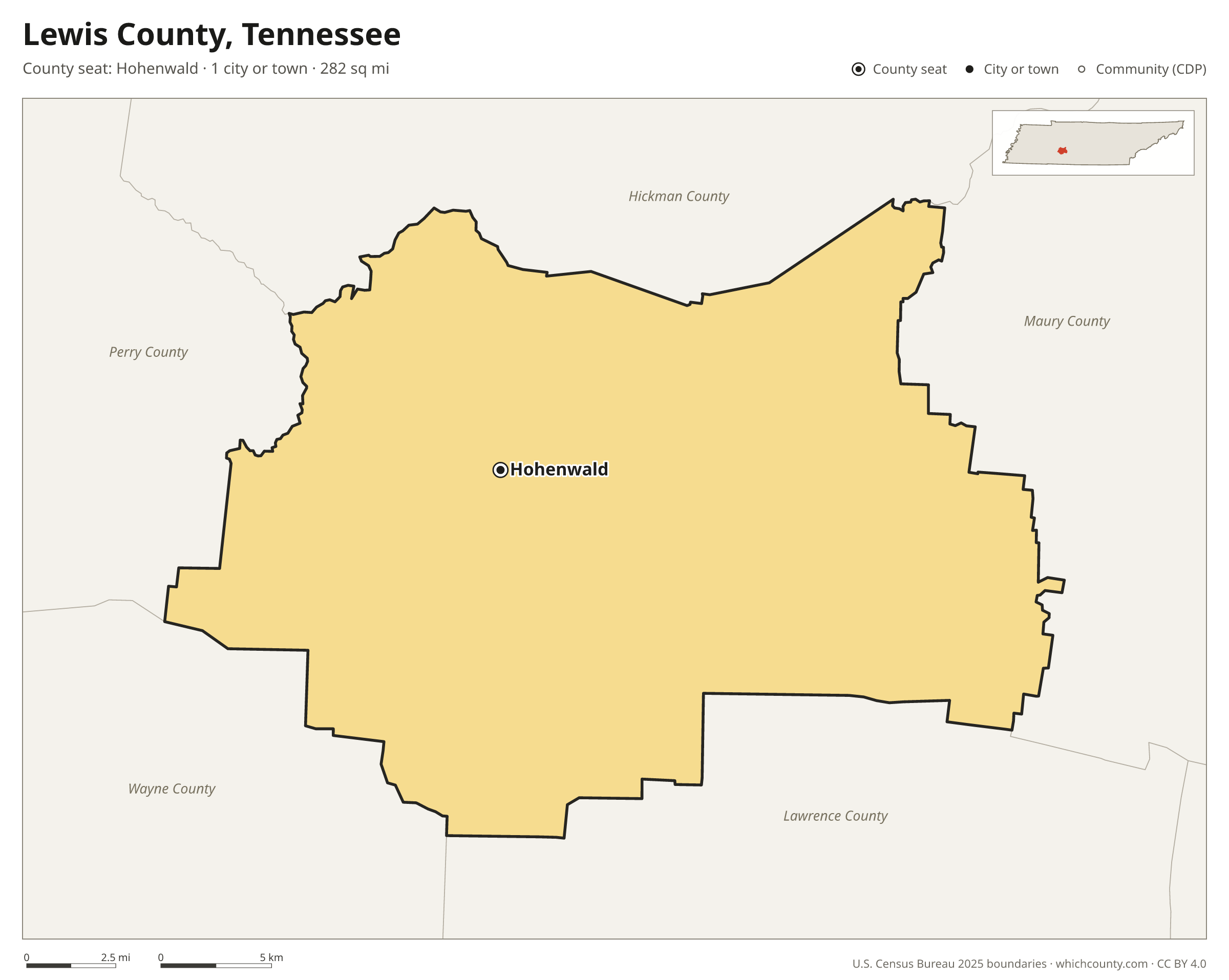 Map of Lewis County, Tennessee with cities, towns and the county boundary