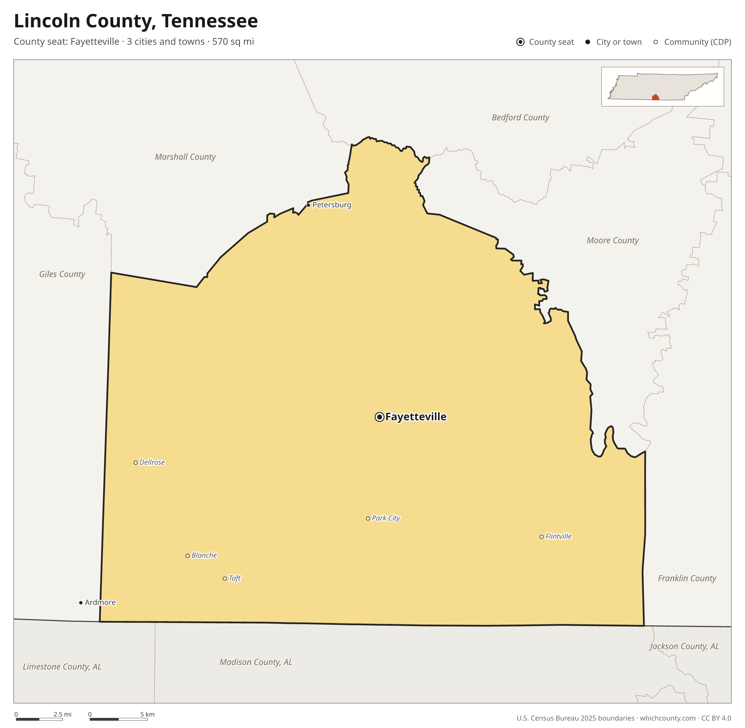 Map of Lincoln County, Tennessee with cities, towns and the county boundary