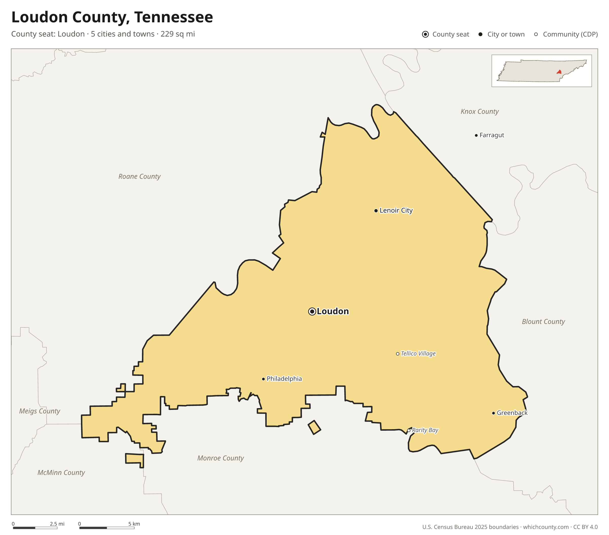 Map of Loudon County, Tennessee with cities, towns and the county boundary