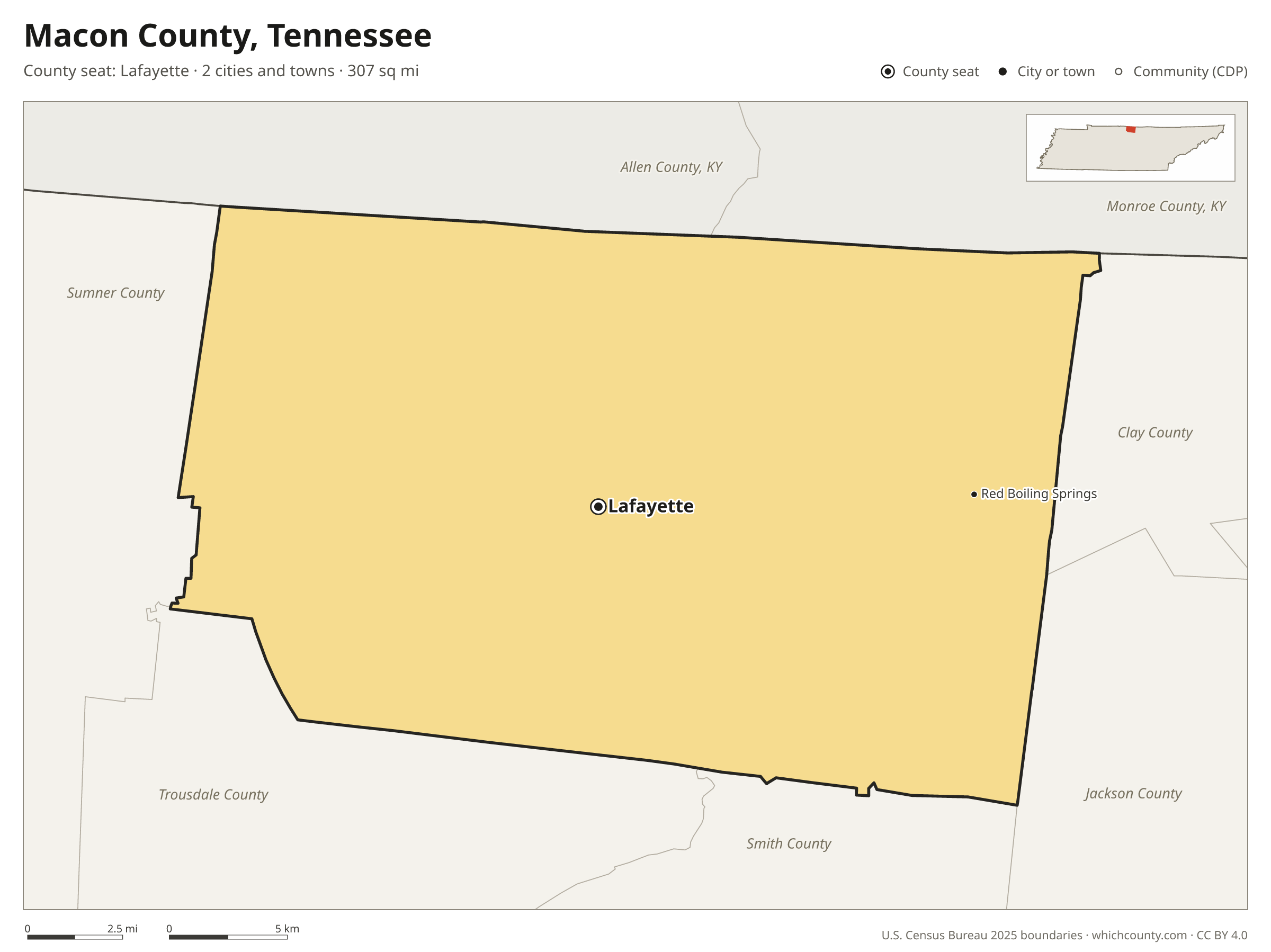 Map of Macon County, Tennessee with cities, towns and the county boundary