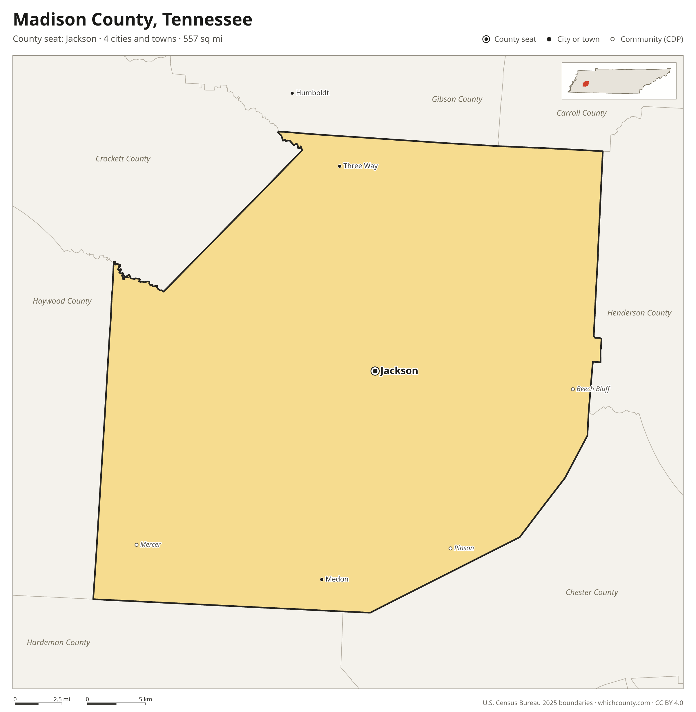 Map of Madison County, Tennessee with cities, towns and the county boundary