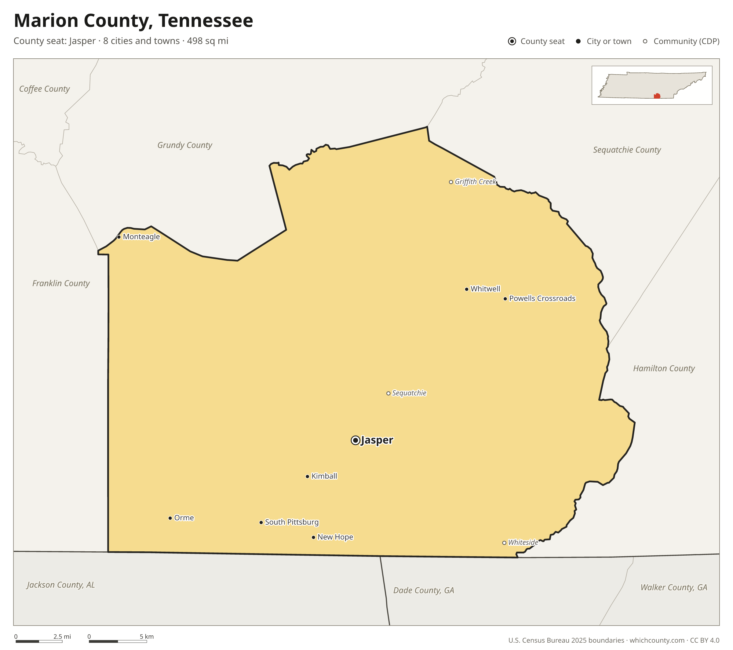Map of Marion County, Tennessee with cities, towns and the county boundary