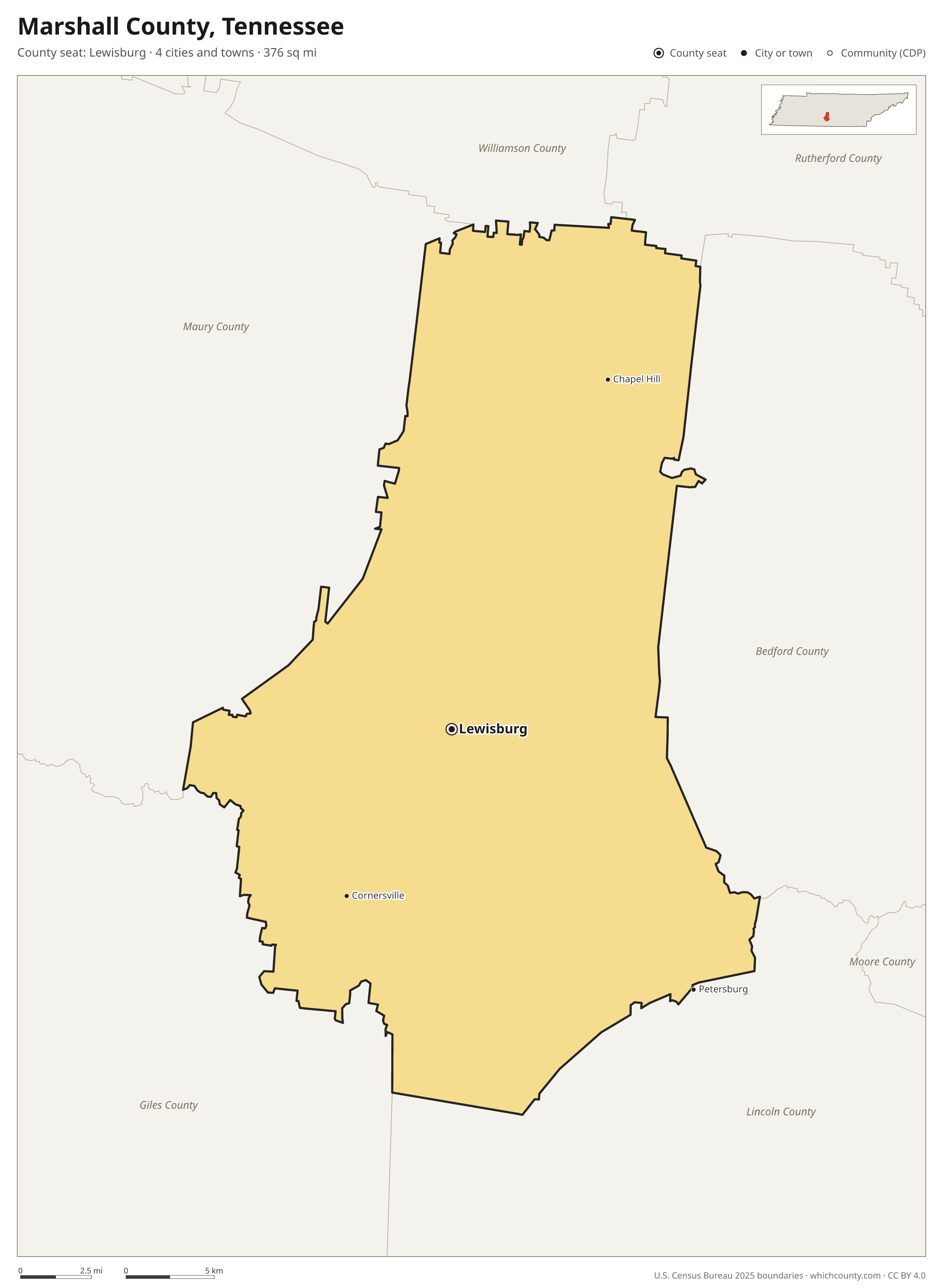Map of Marshall County, Tennessee with cities, towns and the county boundary