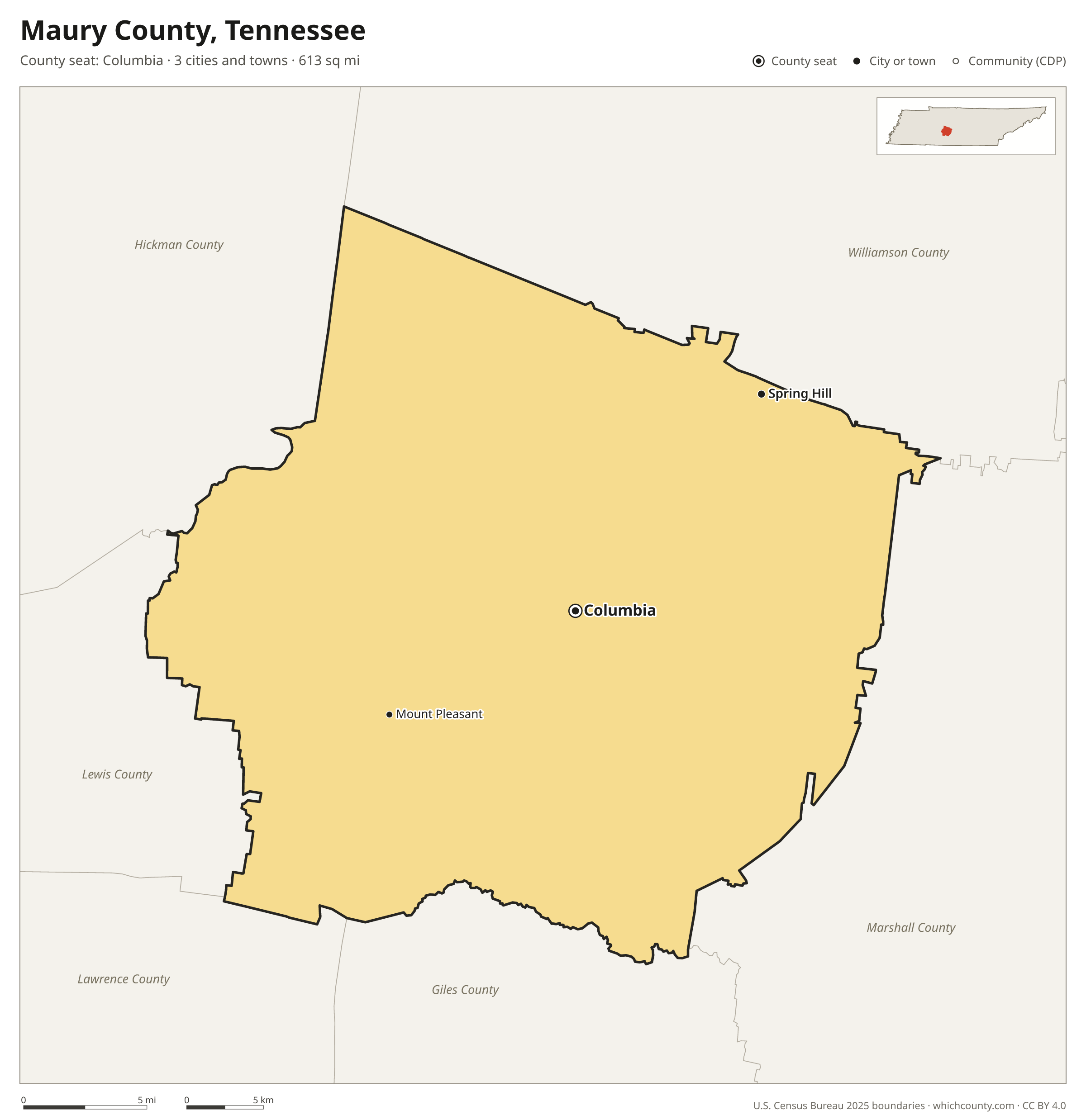 Map of Maury County, Tennessee with cities, towns and the county boundary